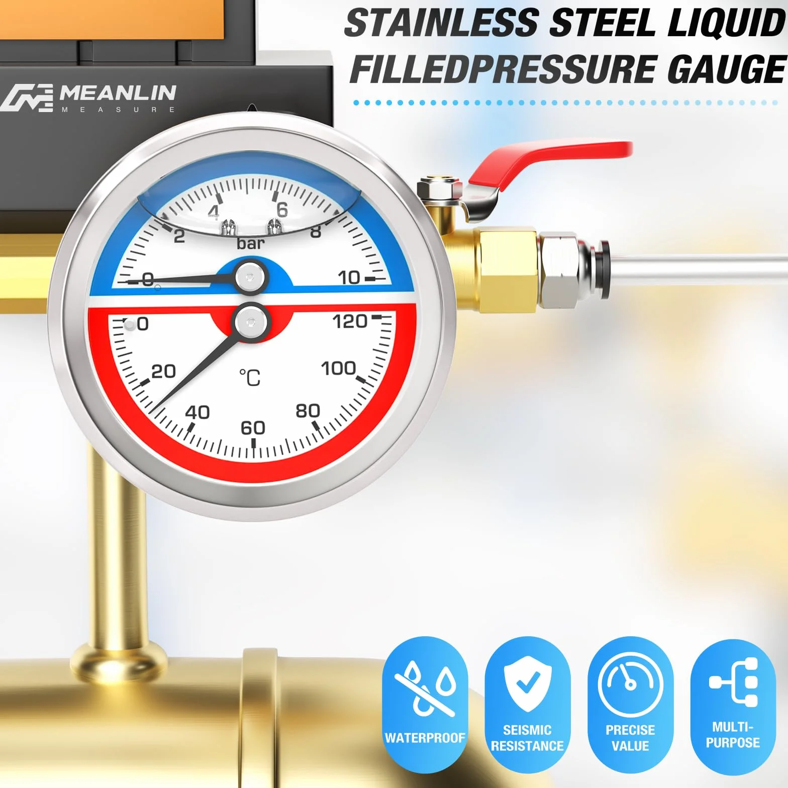 MEANLIN MEASURE 0~10 BAR/150 PSI ciśnieniomierz termiczny ze stali nierdzewnej 0~120℃ 1/4" BSP 2,5" FACE DIAL ciśnieniomierz napełniony płynem, z gniazdem sześciokątnym 1/2" BSP i gniazdem