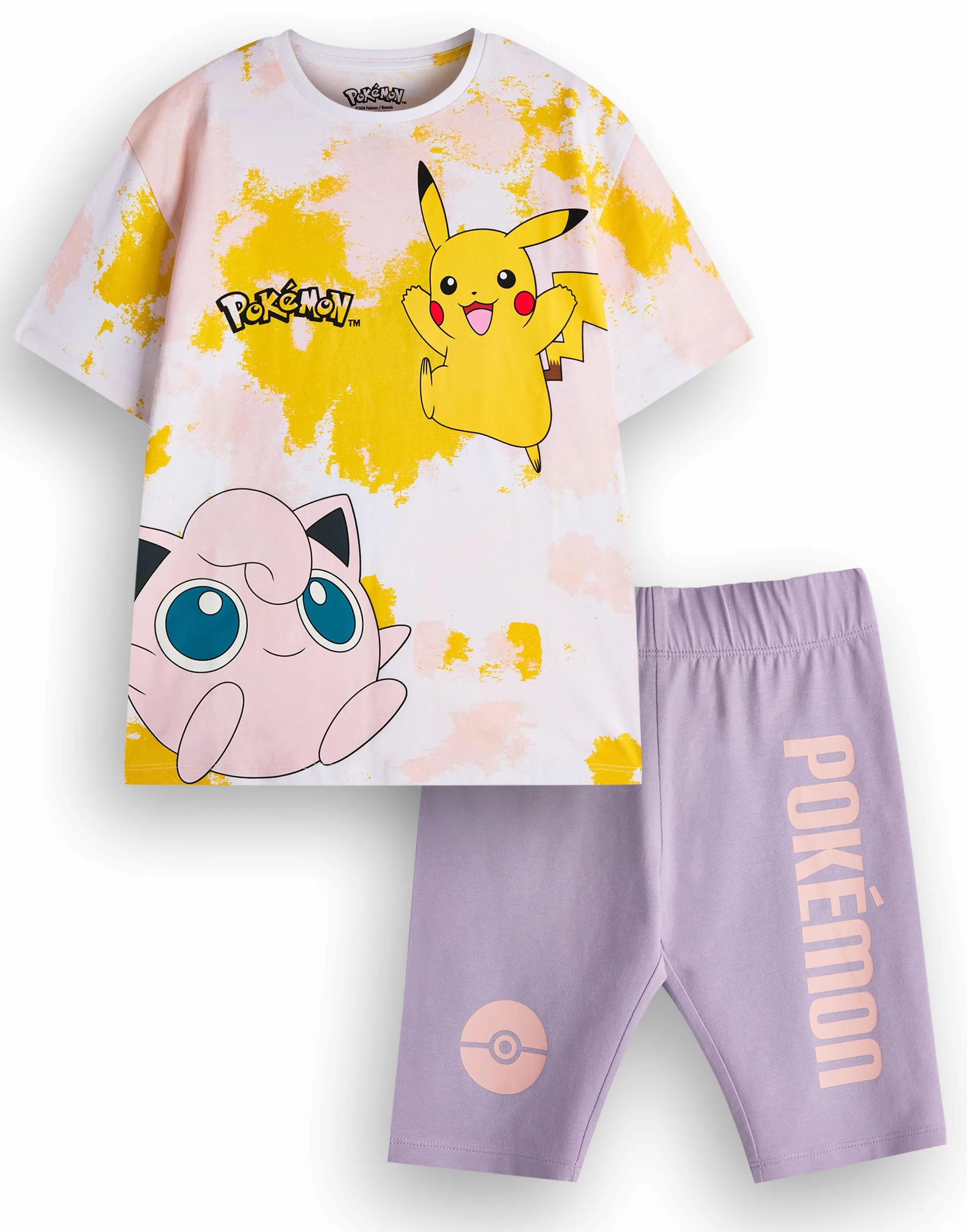 Pokemon Dziewczęcy zestaw T-shirtów i spodenek | Dziecięca koszulka Tie Dye z krótkim rękawem Pikachu Jigglypuff Graphic i fioletowe spodenki rowerowe