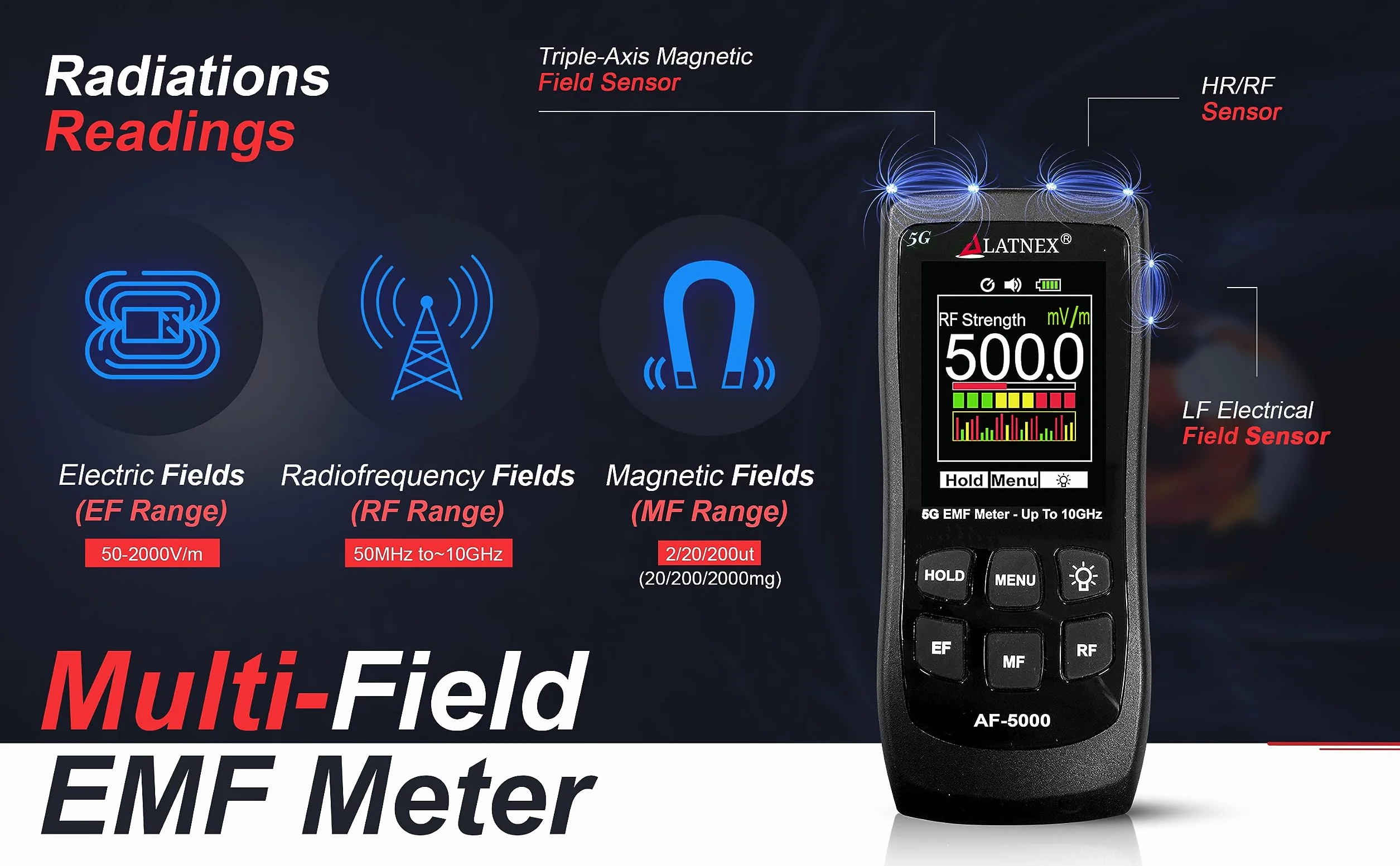 LATNEX AF-5000 - Trójosiowy tester EMF 5G RF, mikrofalówka i pola elektryczne ELF z certyfikatem kalibracji