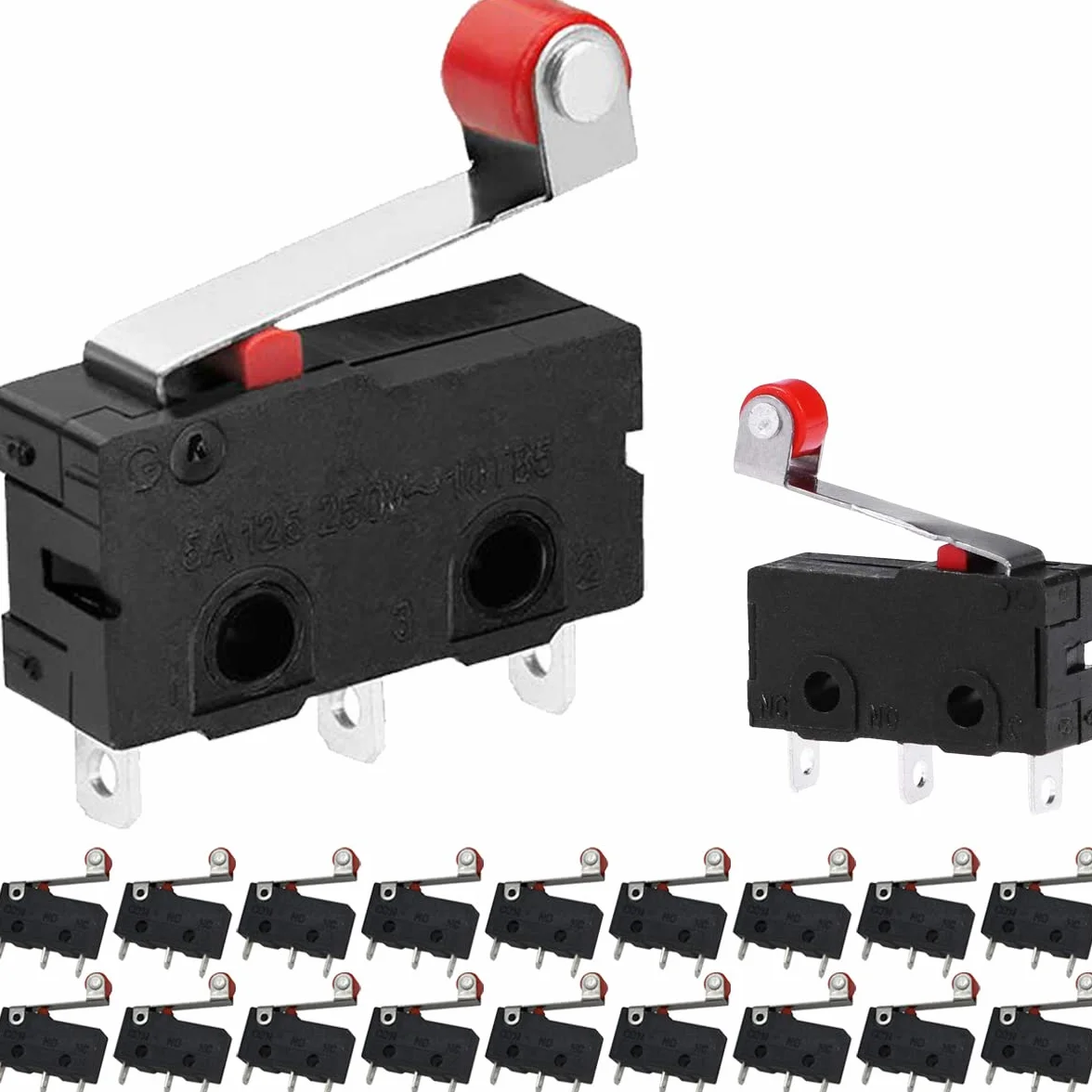 Mikroprzełącznik krańcowy z dźwignią rolkową ramię 3 piny, miniaturowy przełącznik 5 A, 125 V/250 V, do różnych przemysłowych urządzeń automatyki (20 sztuk)