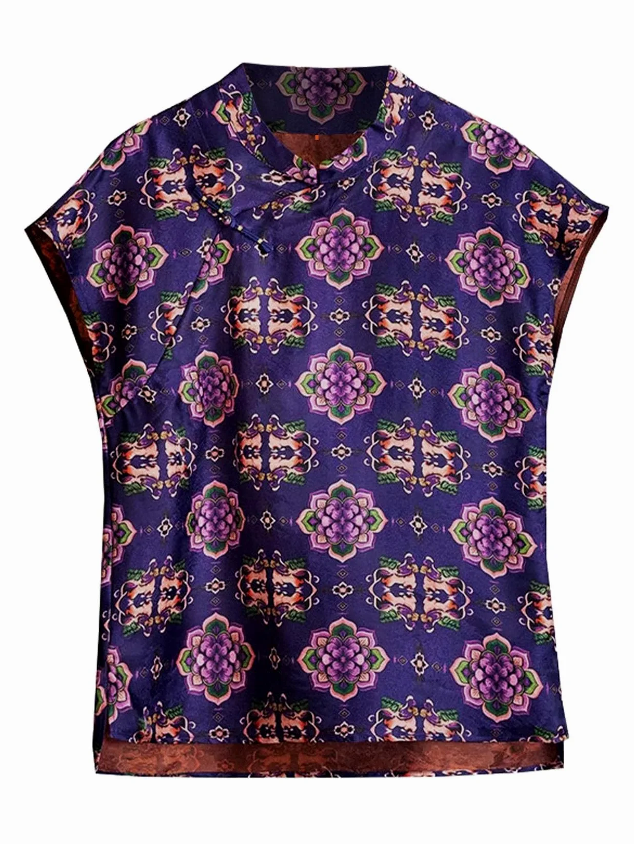 HangErFeng Damska jedwabna żakardowa fioletowa Baoxianghua Mandarin Duck Print asymetryczna bluzka z wysokim stanem 649