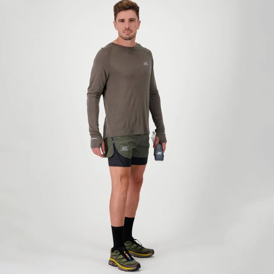 BODYCROSS męska wełniana koszulka do biegania Miky Khaki - Tencel - termoregulacja, lekkość, komfort, widoczność, przepustka kciuk