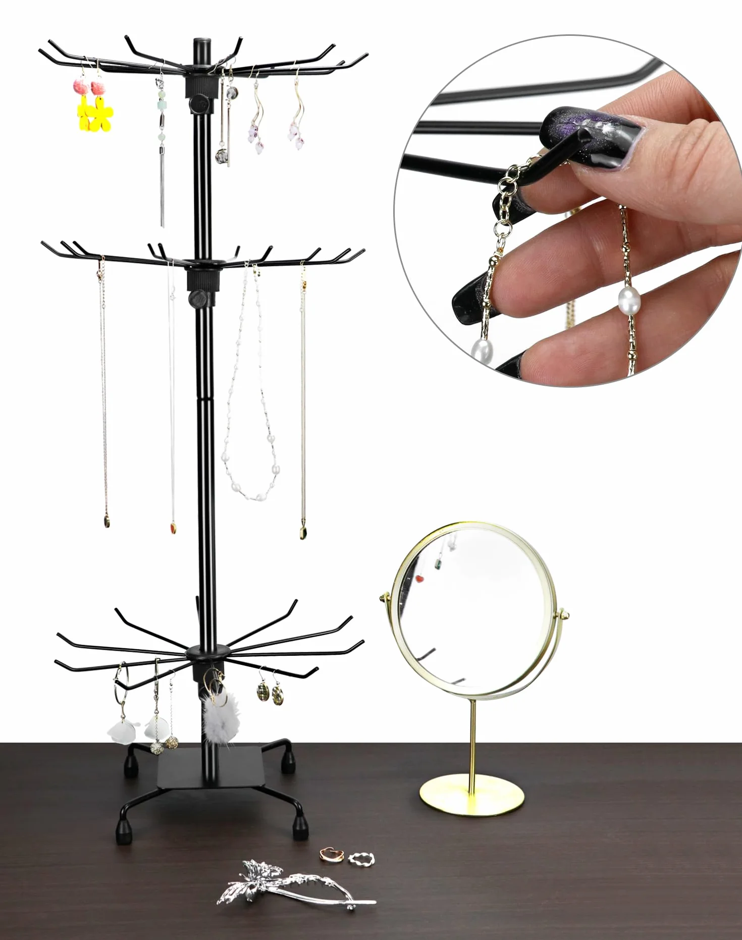 QWORK® 3-poziomowy, czarny, metalowy stojak obrotowy, idealny do ekspozycji biżuterii i akcesoriów