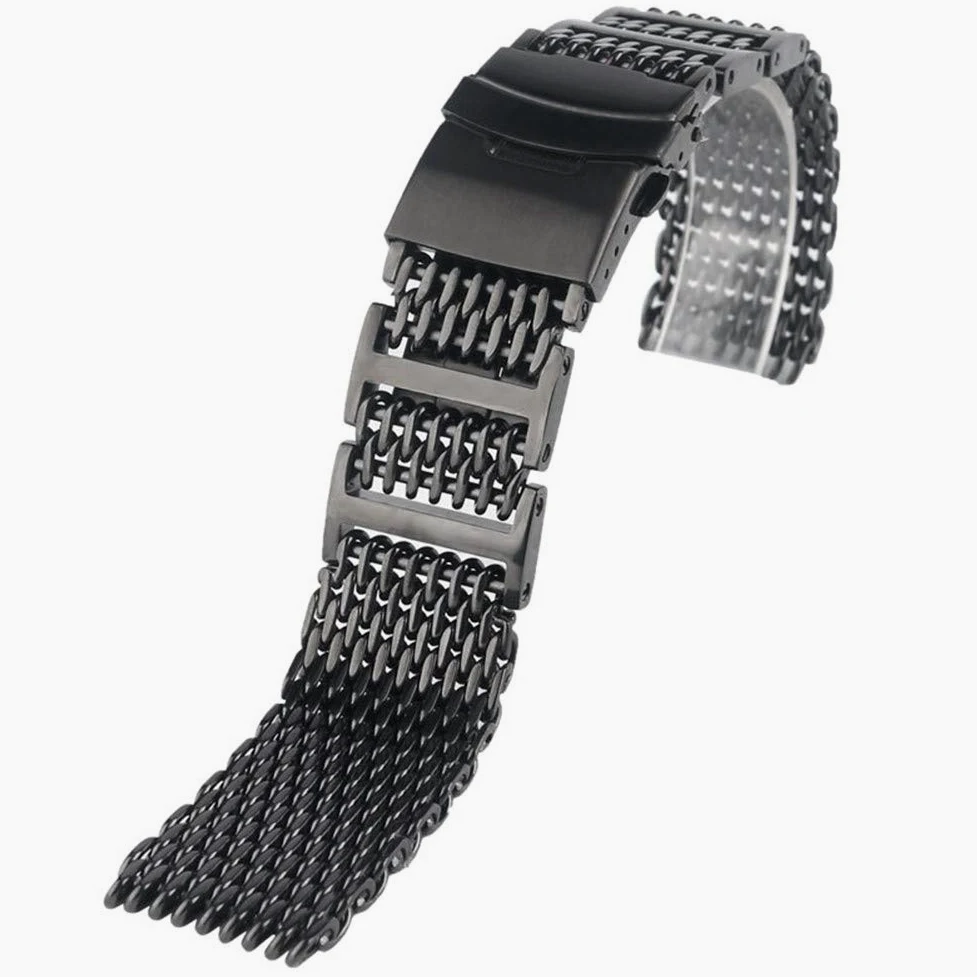 20mm 22mm 24mm Męski pasek do zegarka ze stali nierdzewnej Shark Mesh Pasek na nadgarstek Luksusowa wymiana bransoletki Zwart Push Button (jeden kolor 24mm)