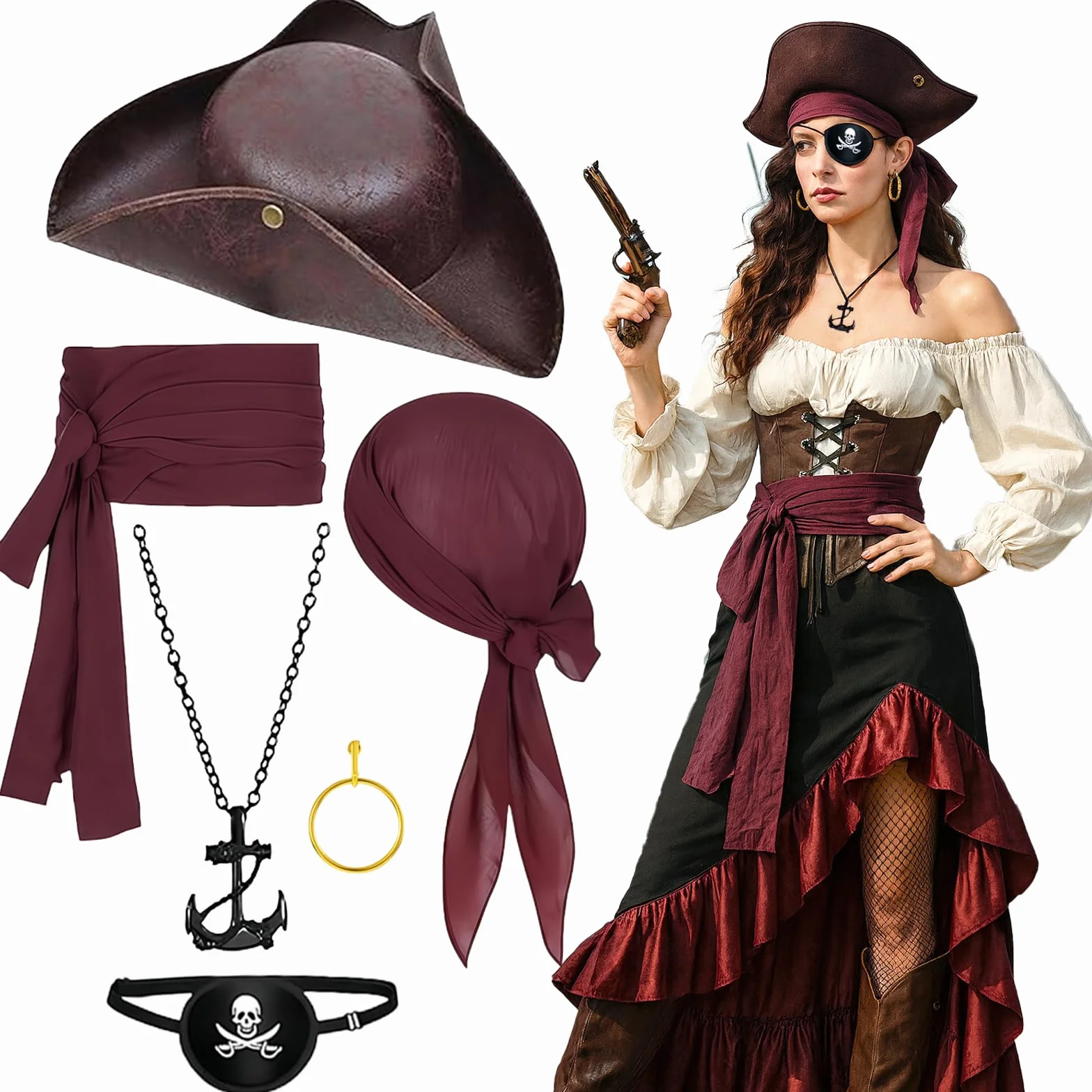 AYNKH Zestaw 6 akcesoriów pirackich dla mężczyzn i kobiet kapelusz szalik pasek naszyjnik z kotwicą kolczyki pirackie zatyczki do oczu idealne na Halloween, cosplay pirackie bale zamaskowane pokazy