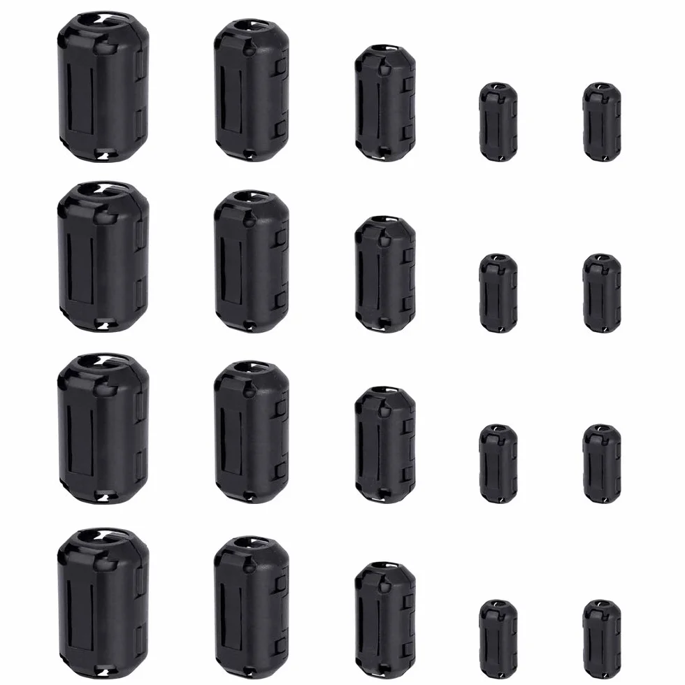 KBNIAN 20 sztuk pierścieni ferrytowych, filtr ferrytowy, klips czarny, filtr przeciwzakłóceniowy, rdzeń ferrytowy, RFI EMI, tłumik szumów, klips - 3 mm, 5 mm, 7 mm, 9 mm, 13 mm (średnica wewnętrzna)