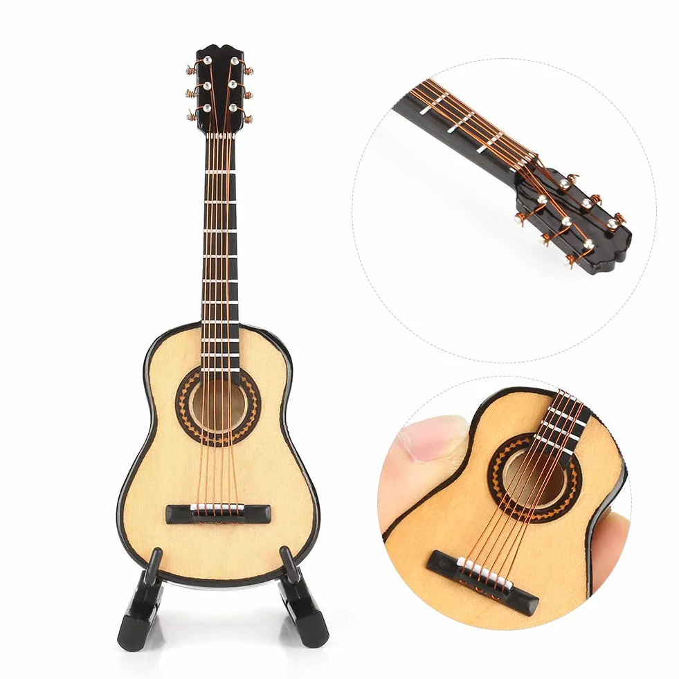 Qinlorgo Drewniana miniaturowa gitara ze stojakiem, miniaturowy drewniany model gitary ekspozycja mini ozdoby muzyczne rzemiosło dekoracja domu