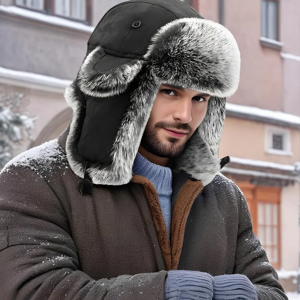 Asudaro Zimowa czapka męska traperska gruba ciepła z klapkami na uszy futrzana rosyjska outdoorowa