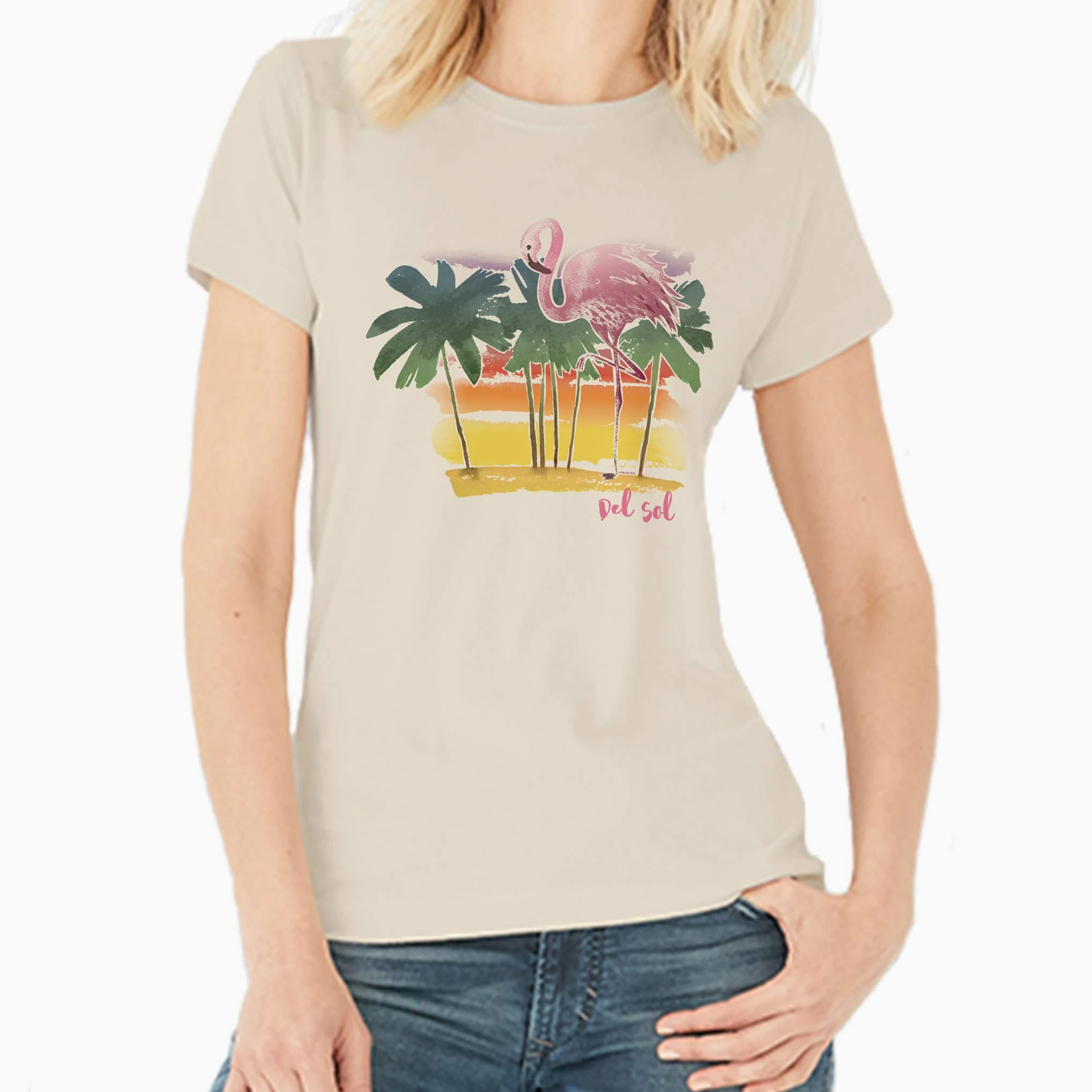 Del Sol Damska koszulka chłopięca - akwarela flaming, naturalny T-shirt - zmienia się z różowego i czarnego na żywe kolory na słońcu - 100% czesana, bawełna ring-spun, cienka koszulka - rozmiar S