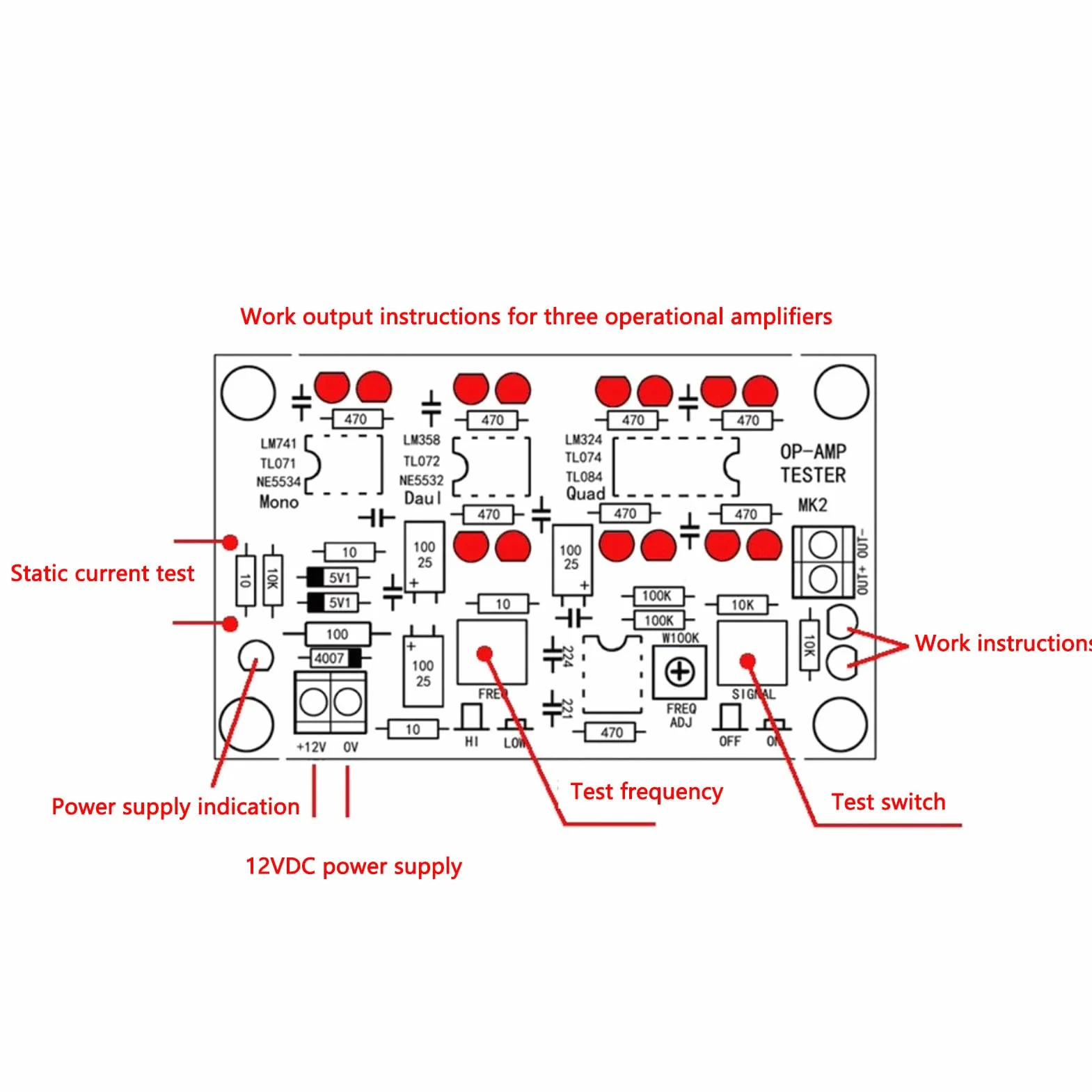 Moduł Testowy OP AMP Test Obwodu Wzmacniającego Płytka Testowa Wzmacniacza Operacyjnego dla Pojedynczego Podwójnego Quada DC12V T2 Tester