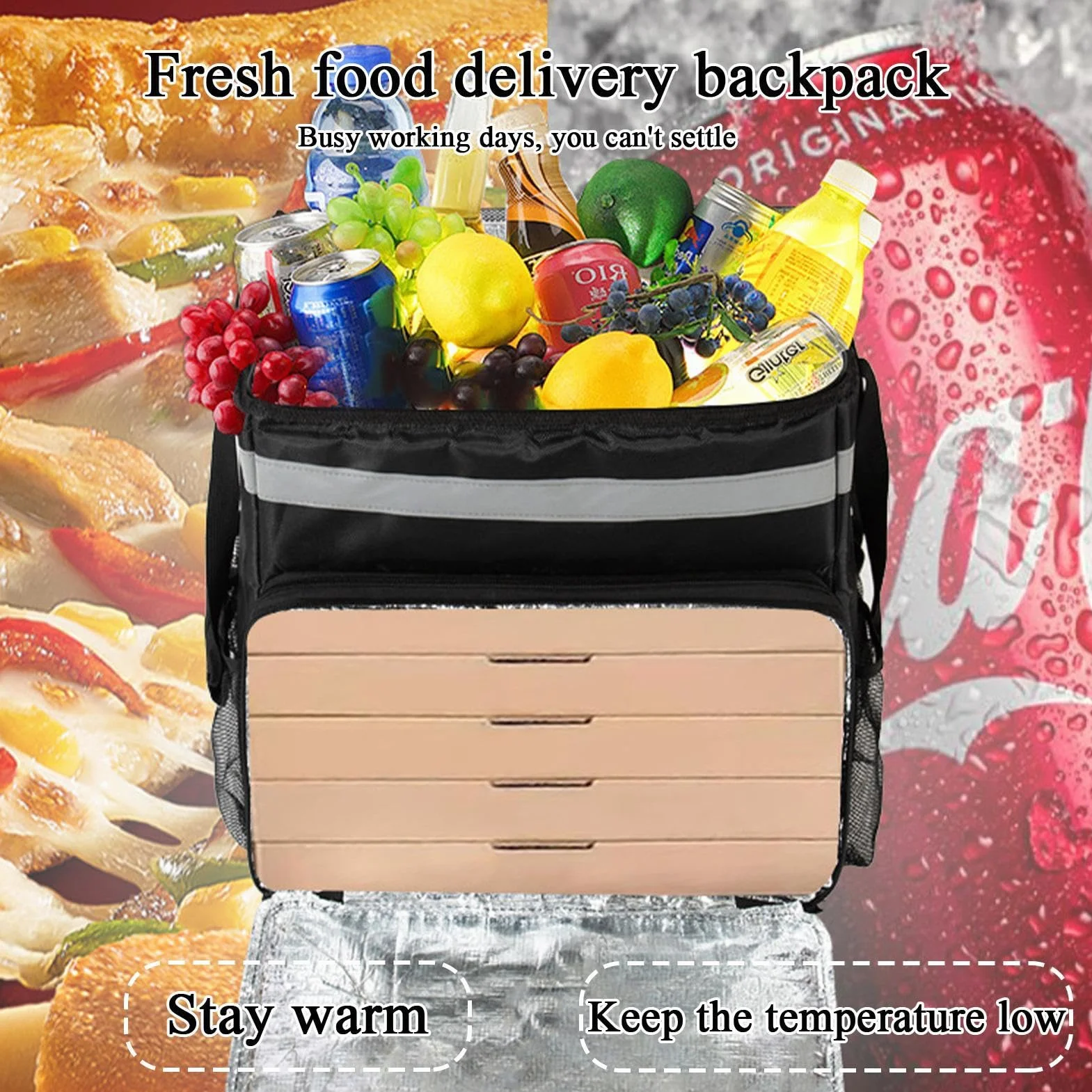 Food Delivery Backpack, Large Insulated Thermal Bag with Compartments, Heavy-Duty Reusable Grocery & Lunch Backpack for Catering, Hiking, and Travel, 6.14x13.98 inches