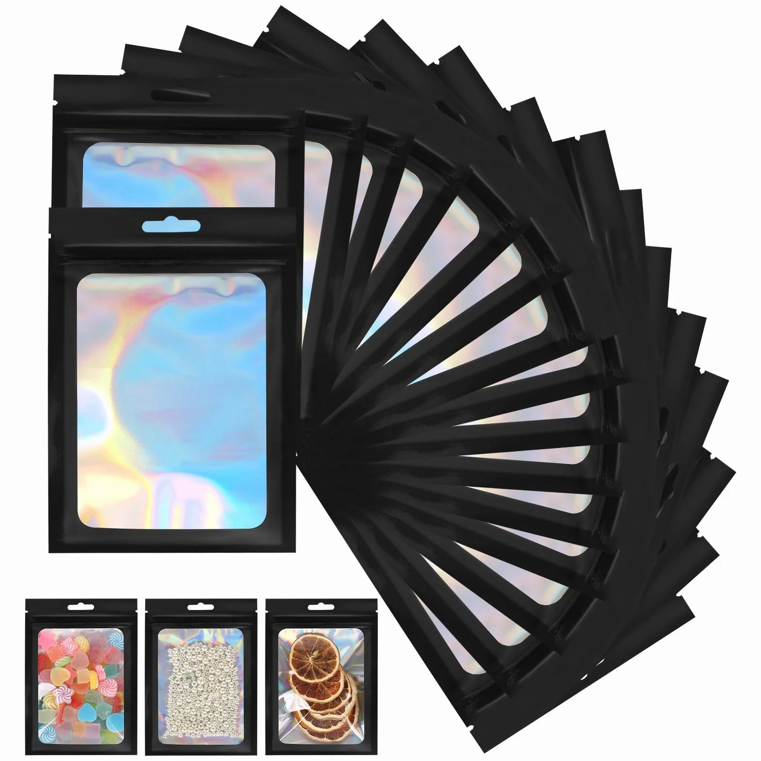Mylar Bags, 150 sztuk, torebki strunowe, małe, 10 x 15 cm, torebki z zamknięciem, woreczki wielokrotnego zamykania z przezroczystym okienkiem na słodycze, biżuterię, kosmetyki (czarne)