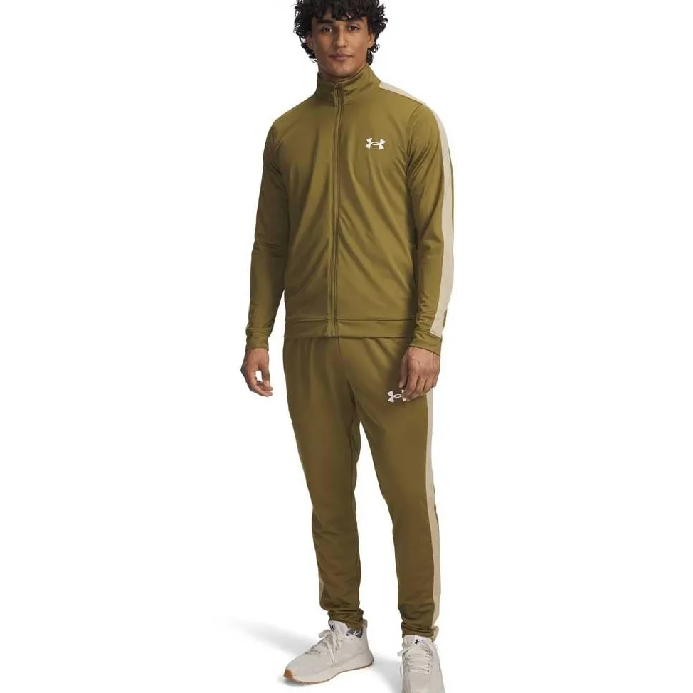 Under Armour Męski dres treningowy z dzianiny, wygodny i szybkoschnący top i spodnie do biegania z kieszeniami, męski dres treningowy i do noszenia na co dzień, zielony/polny khaki, MD