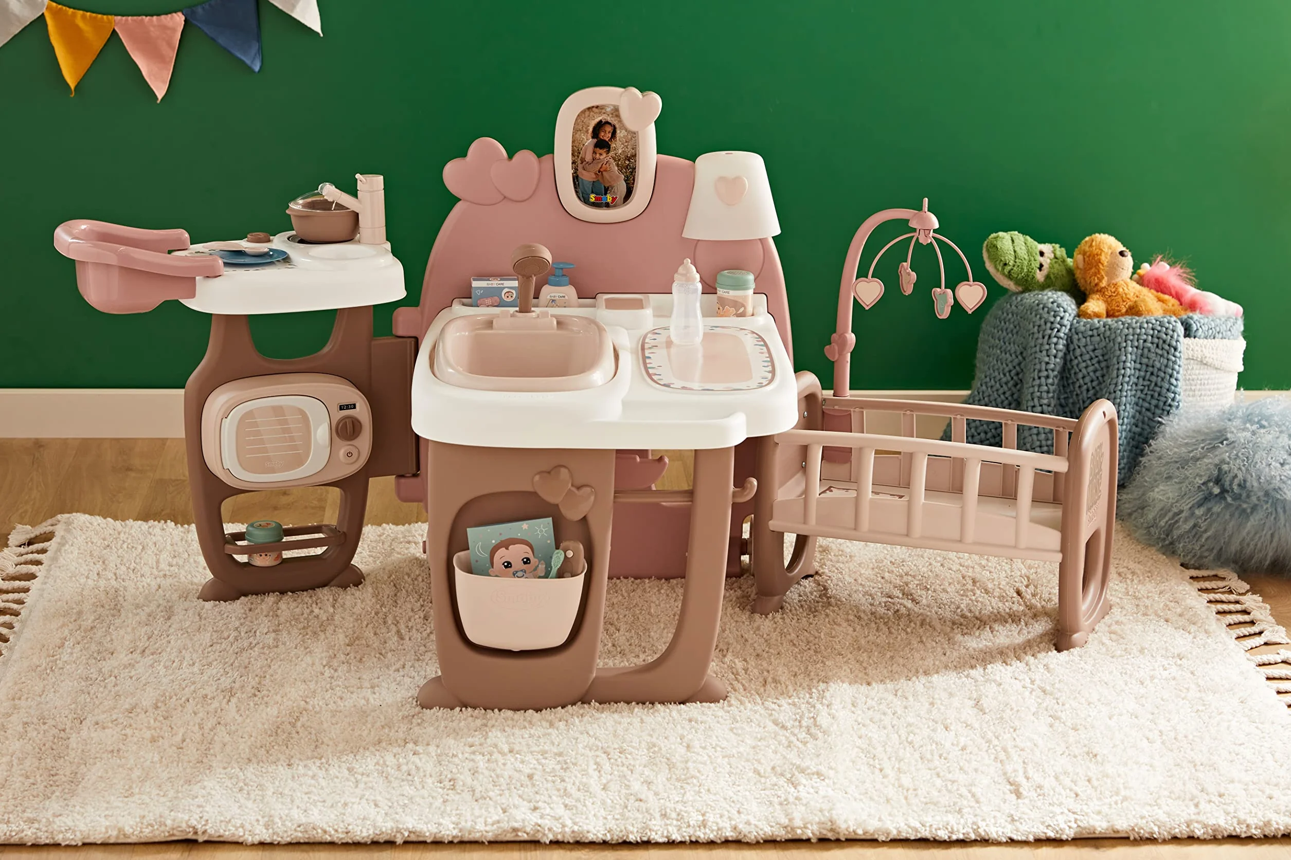 Smoby 7600220376 Baby Nurse Kącik opiekunki 3w1, wielofunkcyjny domek dla lalek, kuchnia, łazienka, sypialnia, 149,1x71x71 cm