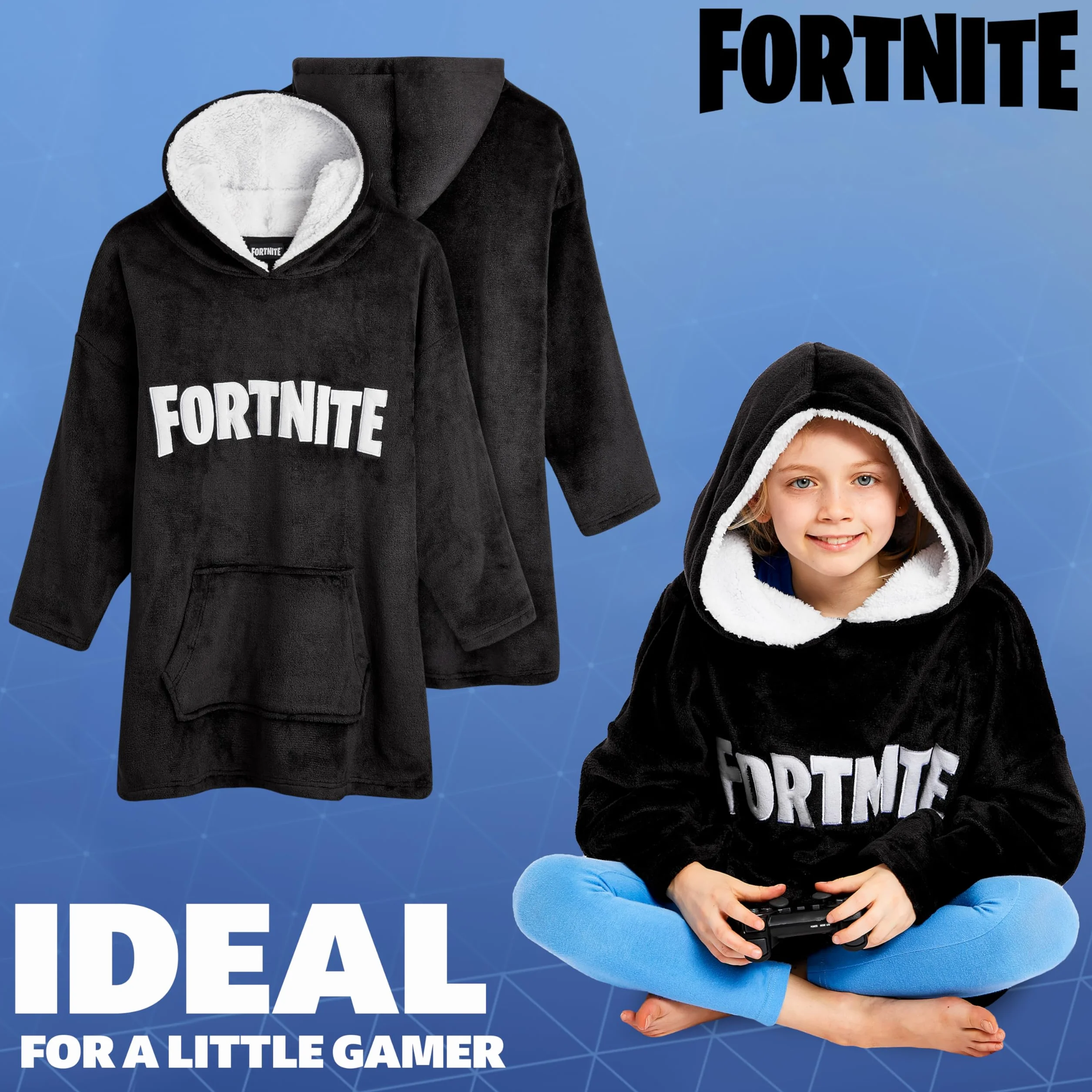 Bluza z kapturem Fortnite dzieci, duży rozmiar, koc z rękawami, polar, czarny