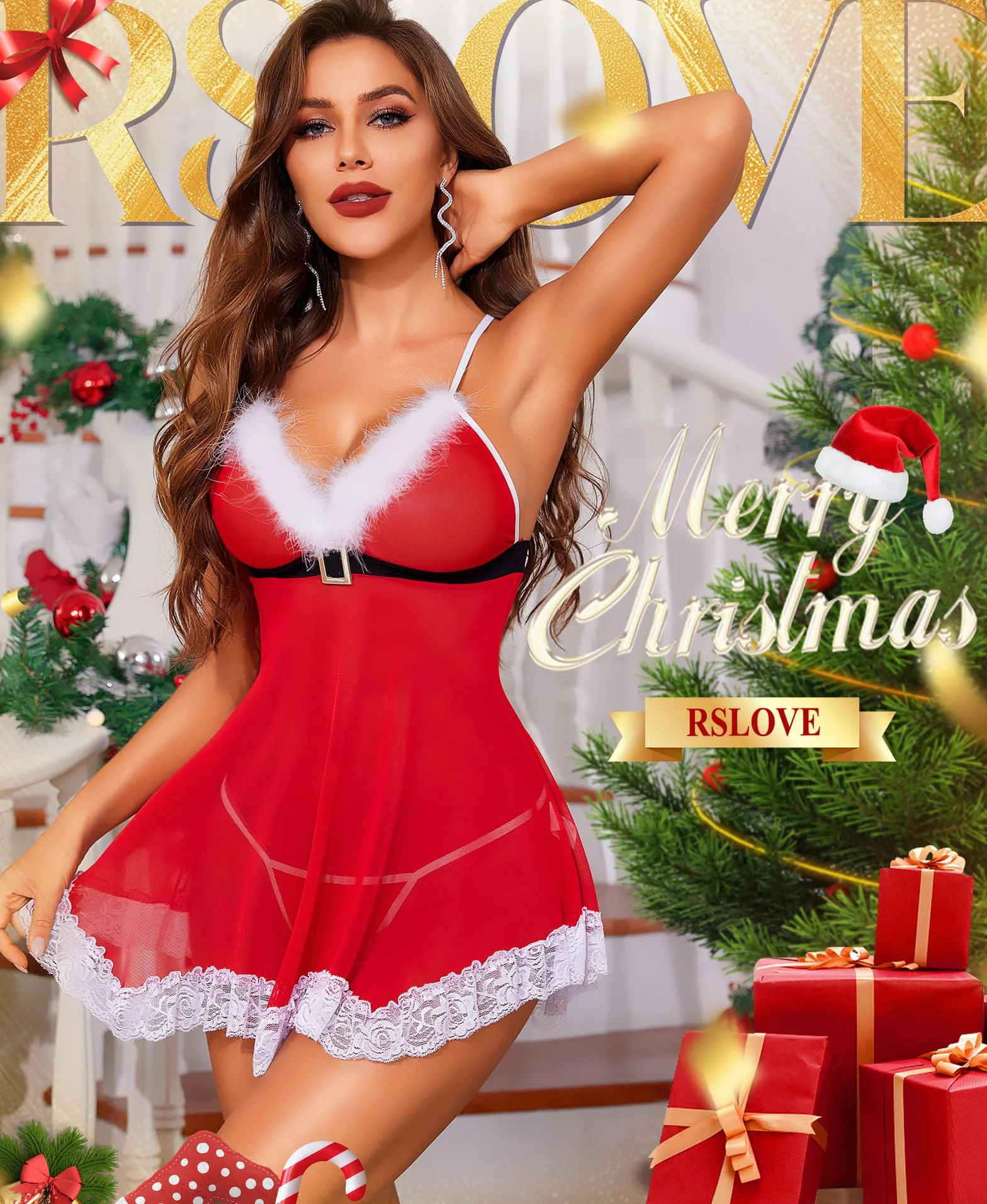 RSLOVE Damski seksowny Święty Mikołaj Boże Narodzenie zestaw bielizny babydoll koronkowe koszulki bielizna nocna