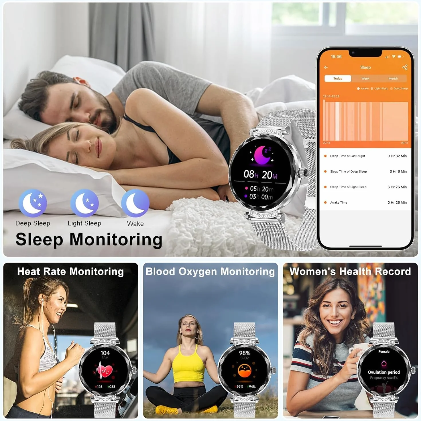 Inteligentny zegarek dla kobiet, odbieranie/nawiązywanie połączeń, 3.0 cm AMOLED Smartwatch z Bluetooth do telefonów z systemem Android, iOS, wodoodporny monitor aktywności IP68 z licznikiem