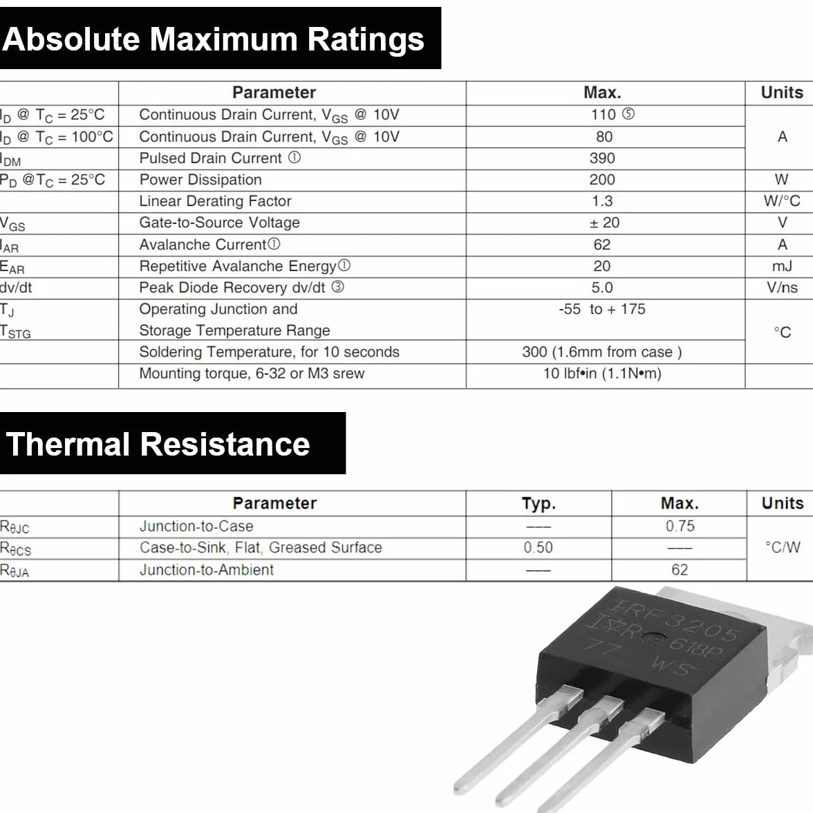 IRF3205 3205 Tranzystor Mosfet 55V 110A Tranzystor MOSFET TO-220 kanał mocy z aluminiowym radiatorem zestaw montażowy do wkrętarki do majsterkowania (20 sztuk)