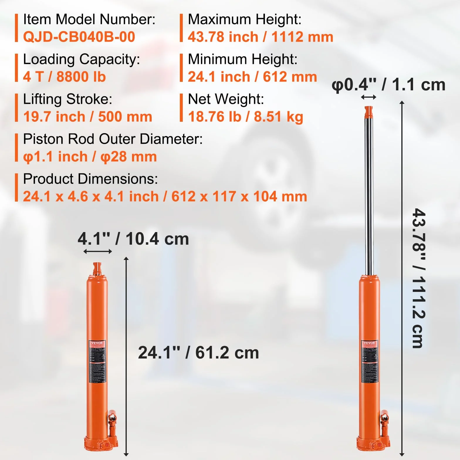 VEVOR Hydrauliczny podnośnik samochodowy, 4 t, cylinder podnośnikowy z pojedynczą pompą tłokową i płaską podstawą, hydrauliczny podnośnik do butelek samochodowych do podnośników silnikowych, dźwigów