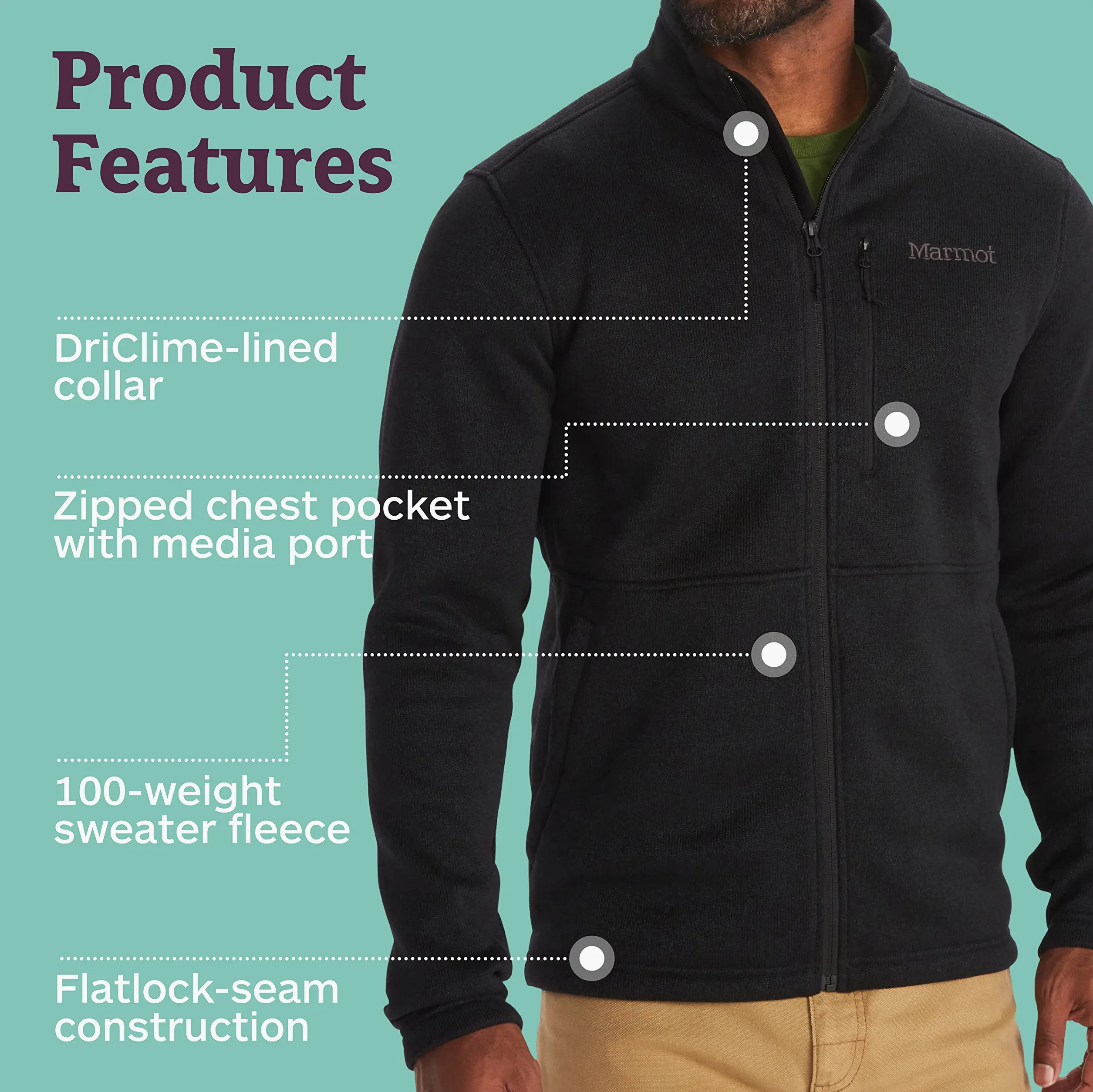 Marmot Meżczyzni Drop Line Jacket, Ciepła kurtka polarowa, kurtka turystyczna z zamkiem błyskawicznym na całej długości, oddychająca i wiatroodporna bluza, Black, L