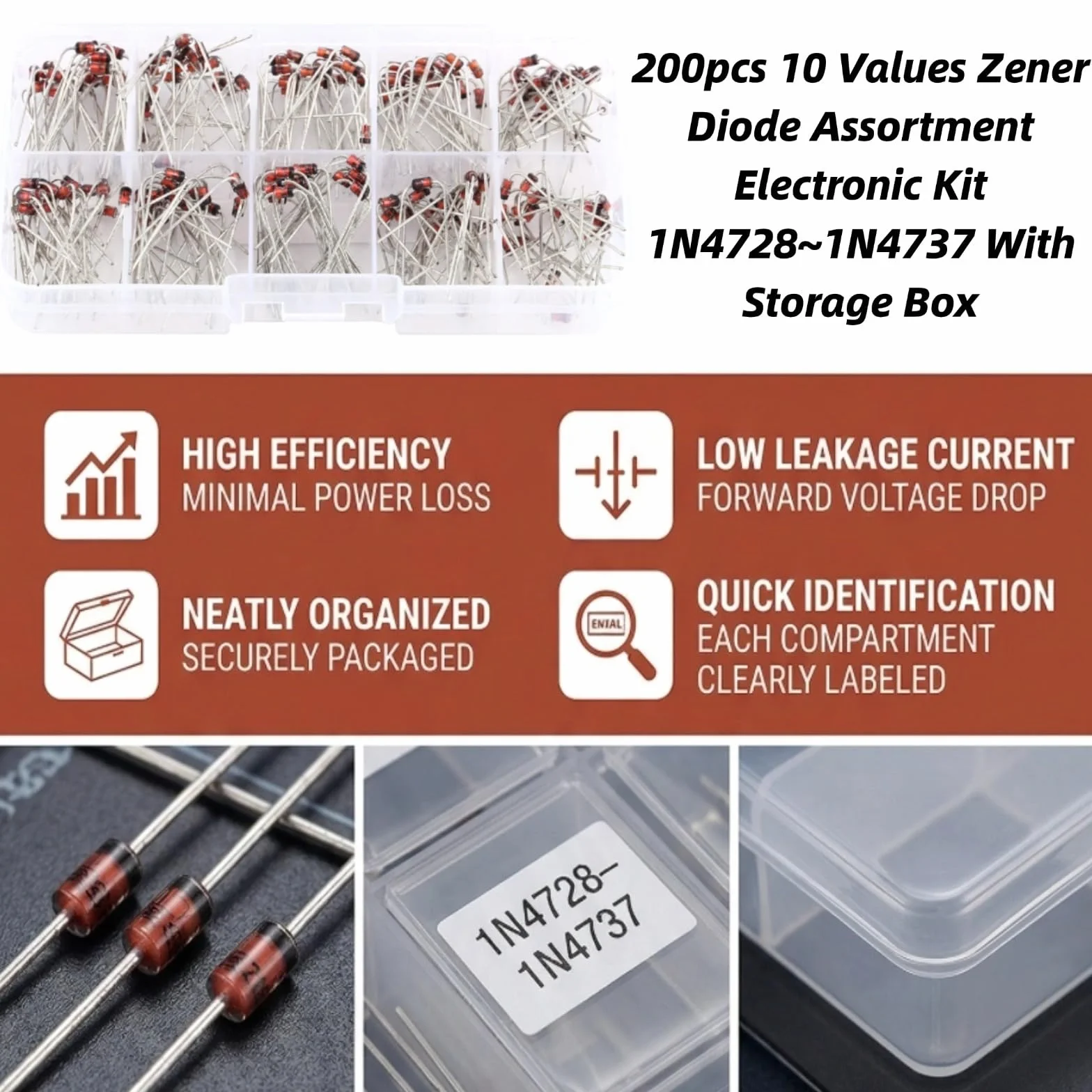 200pcs Dioden10 Werte Zener Spannung Regler Diode Sortiment Elektronische Kit 1N4728~1N4737 Mit Clear Box