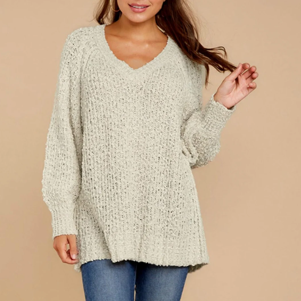 Vogrtcc Damski sweter z dzianiny z dekoltem w serek plus size luźny sweter oversize