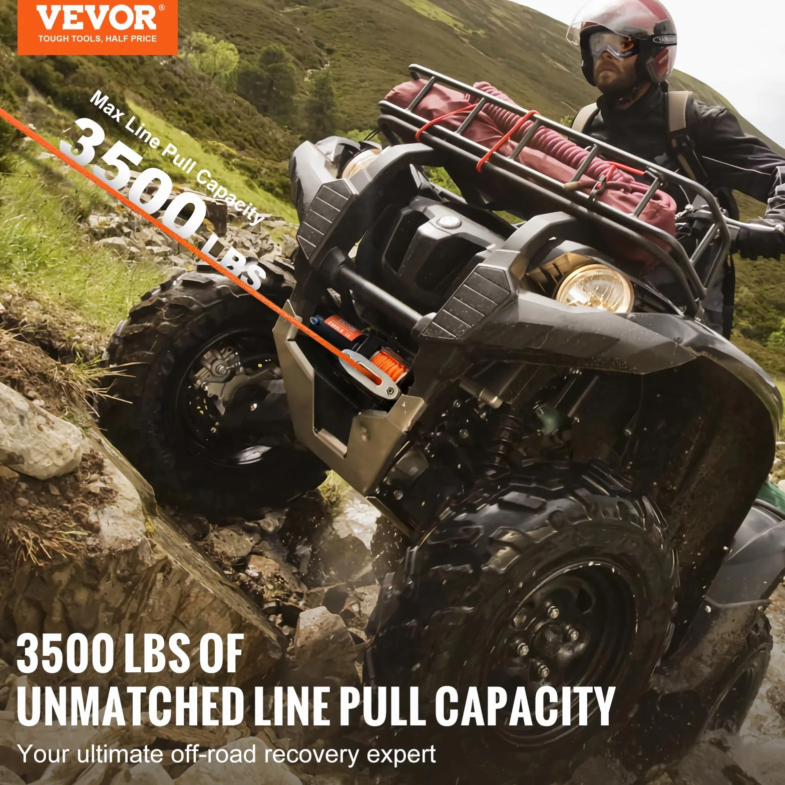 VEVOR Wciągarka elektryczna, zdolność ciągnięcia linii 3500 lbs / 1588 kg wciągarka ATV/UTV 12 V DC Φ0,5 x 1188,7 cm 12 drutów z liną syntetyczną, aluminiowy przewodowy pilot zdalnego sterowania