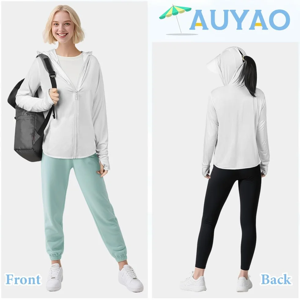 AUYAO Damska bluza z kapturem UV, damska bluza z długim rękawem, lekka bluza z zamkiem błyskawicznym, z kieszeniami, damska letnia kurtka sportowa UPF 50+, outdoorowa bluza anty-UV do fitnessu