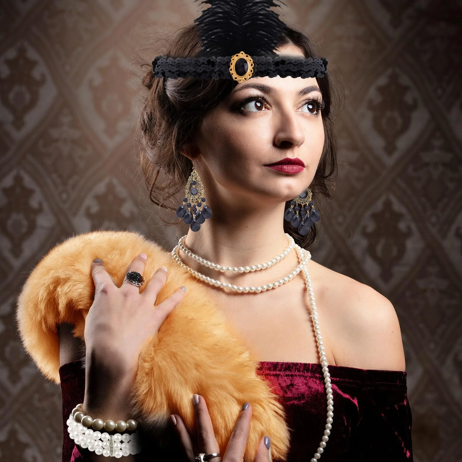 FEPITO 8-częściowy zestaw akcesoriów z piórami Great Gatsby, z motywem lat 20. XX wieku, z opaską na czoło, ozdoba na głowę, długie czarne rękawiczki, naszyjnik, kolczyki dla kobiet (zestaw E)