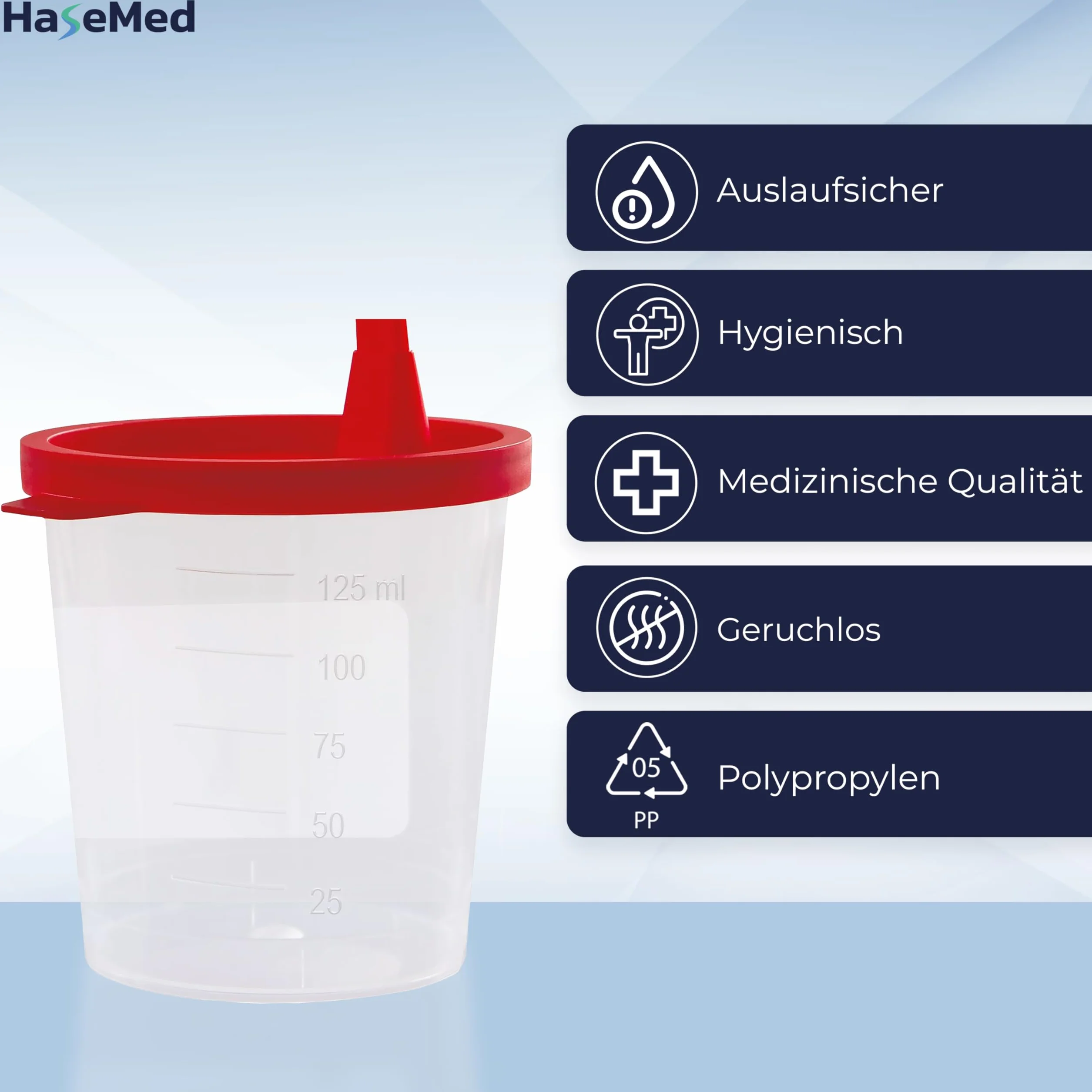 HaseMed kubek na mocz 125 ml – 3 sztuki kubków na próbki z czerwoną pokrywką – szczelny, można układać w stos i higieniczny, do próbek moczu, materiałów laboratoryjnych, gabinetów lekarskich, kliniki