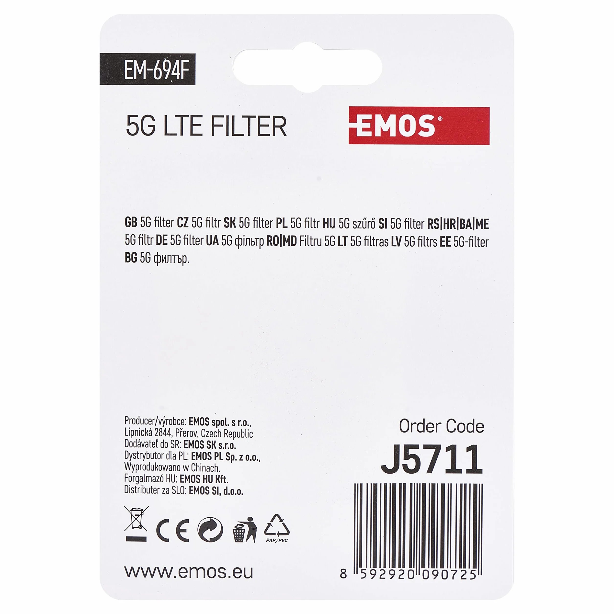 EMOS LTE/4G/5G filtr blokujący, zakres przepustowości do 694 MHz, przejście DC, 1,6 x 4 cm, złącze F J5711 srebrny