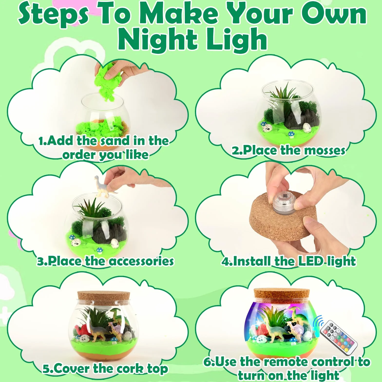 Zestaw do terrarium z dinozaurami Withosent, kreatywna lampka nocna dla dzieci DIY z pilotem, zestaw do rękodzieła w bajkowym ogrodzie z regulowanymi kolorowymi światłami Prezenty dla dziewczynek