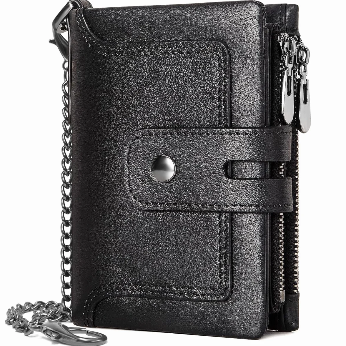 REETEE Męski skórzany portfel blokujący RFID 16 miejsc na karty z łańcuszkiem czarny srebrny 9.5 cm x 12 cm x 2.5 cm