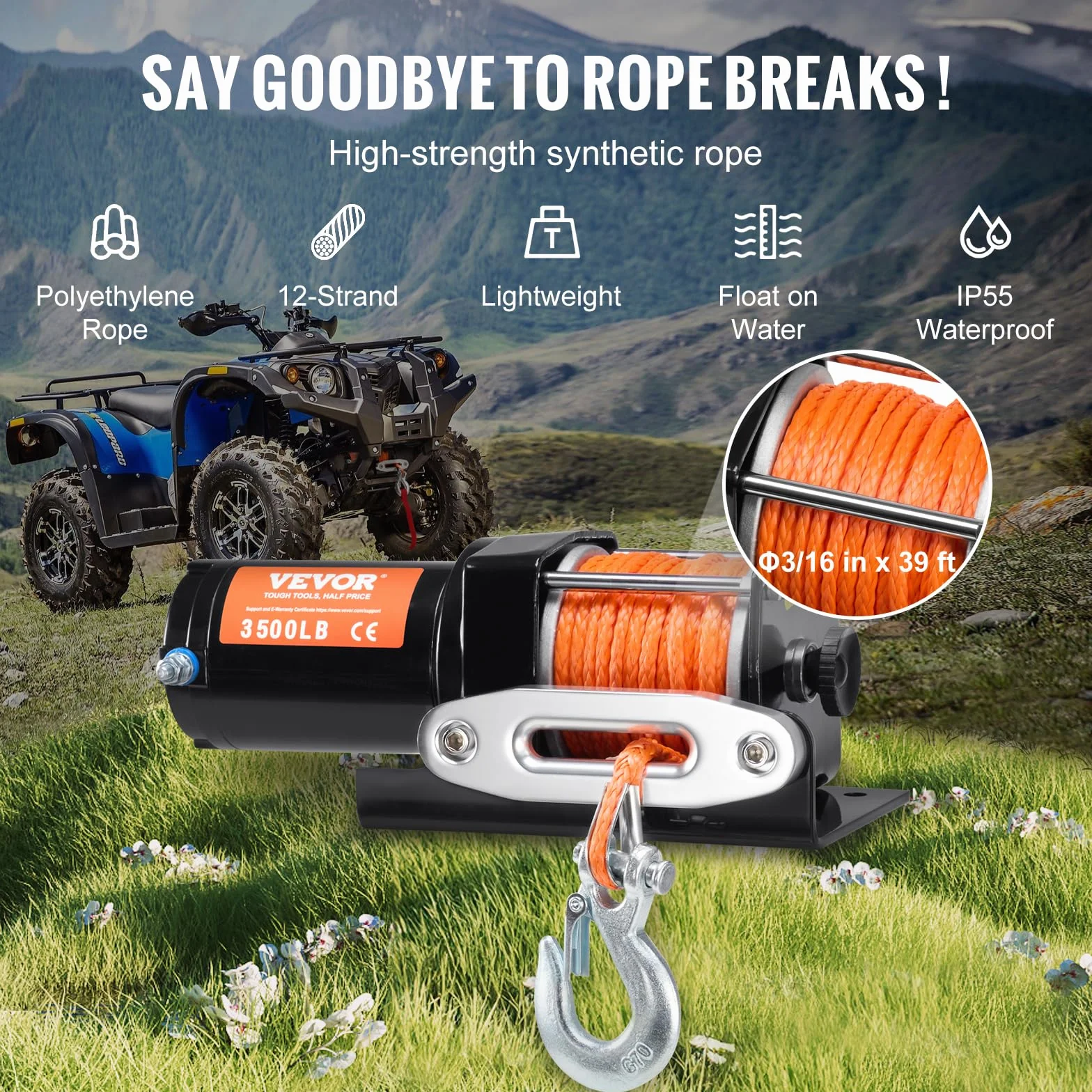 VEVOR Wciągarka elektryczna, zdolność ciągnięcia linii 3500 lbs / 1588 kg wciągarka ATV/UTV 12 V DC Φ0,5 x 1188,7 cm 12 drutów z liną syntetyczną, aluminiowy przewodowy pilot zdalnego sterowania