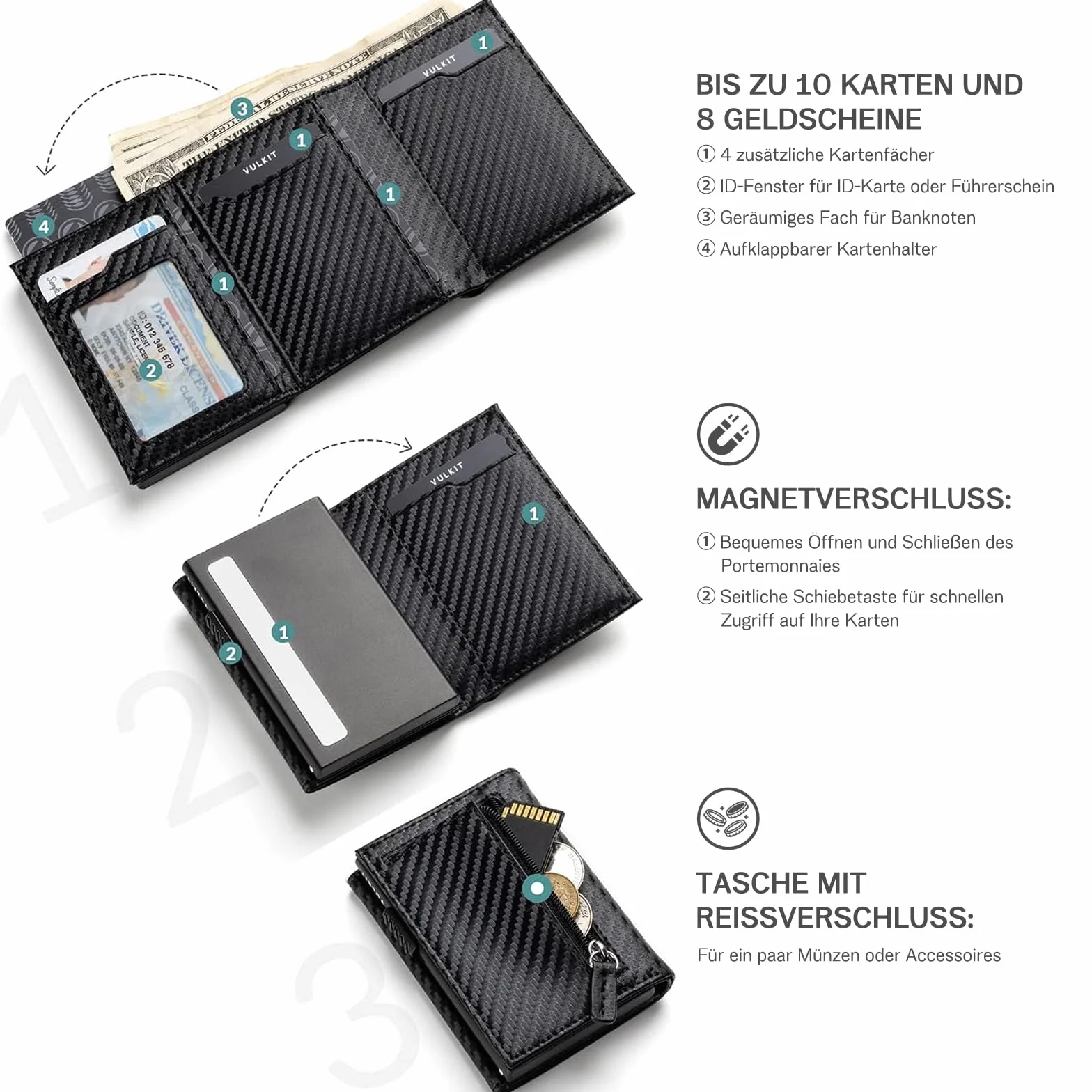 skórzany portfel męski Slim z kieszenią na monety etui na karty mały/mini z ochroną RFID etui na karty portfel czarny węglowy inteligentny portfel męski