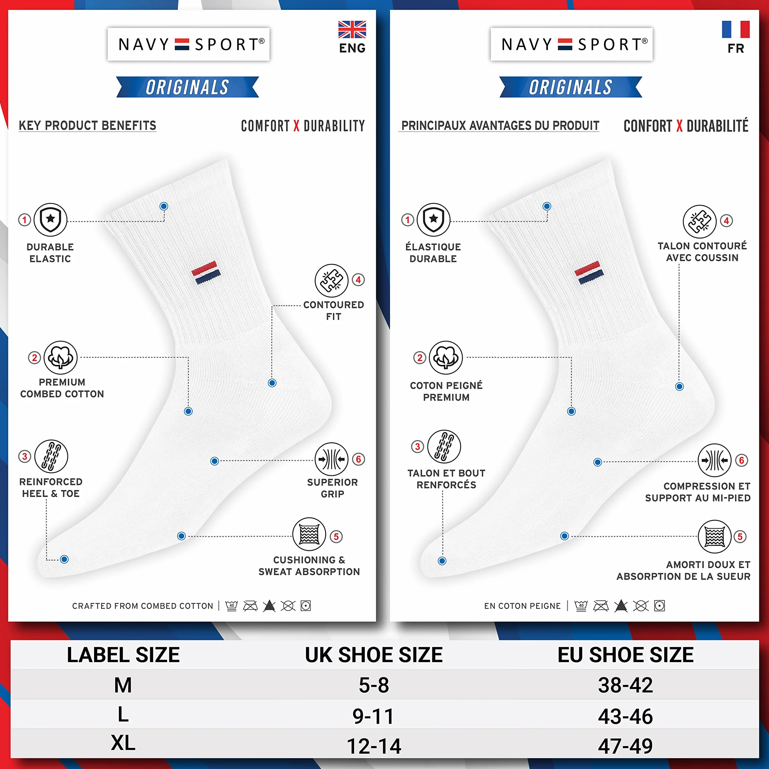NAVYSPORT Skarpety sportowe unisex Crew Zestaw 5 bawełnianych skarpet dla kobiet i mężczyzn. (Opakowanie 5 par)
