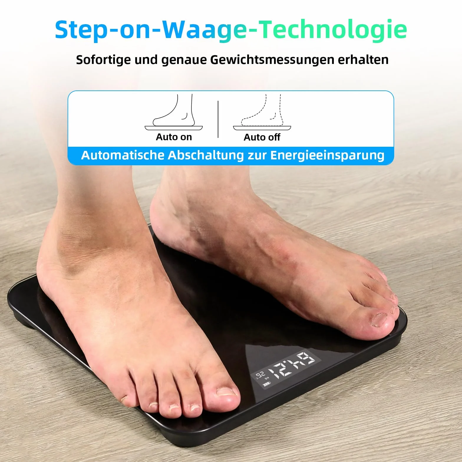 Healthkeep Waga osobowa, waga do ciała z czujnikami o wysokiej precyzji, waga cyfrowa z technologią Step-On, waga ze szkła bezpiecznego, czarna