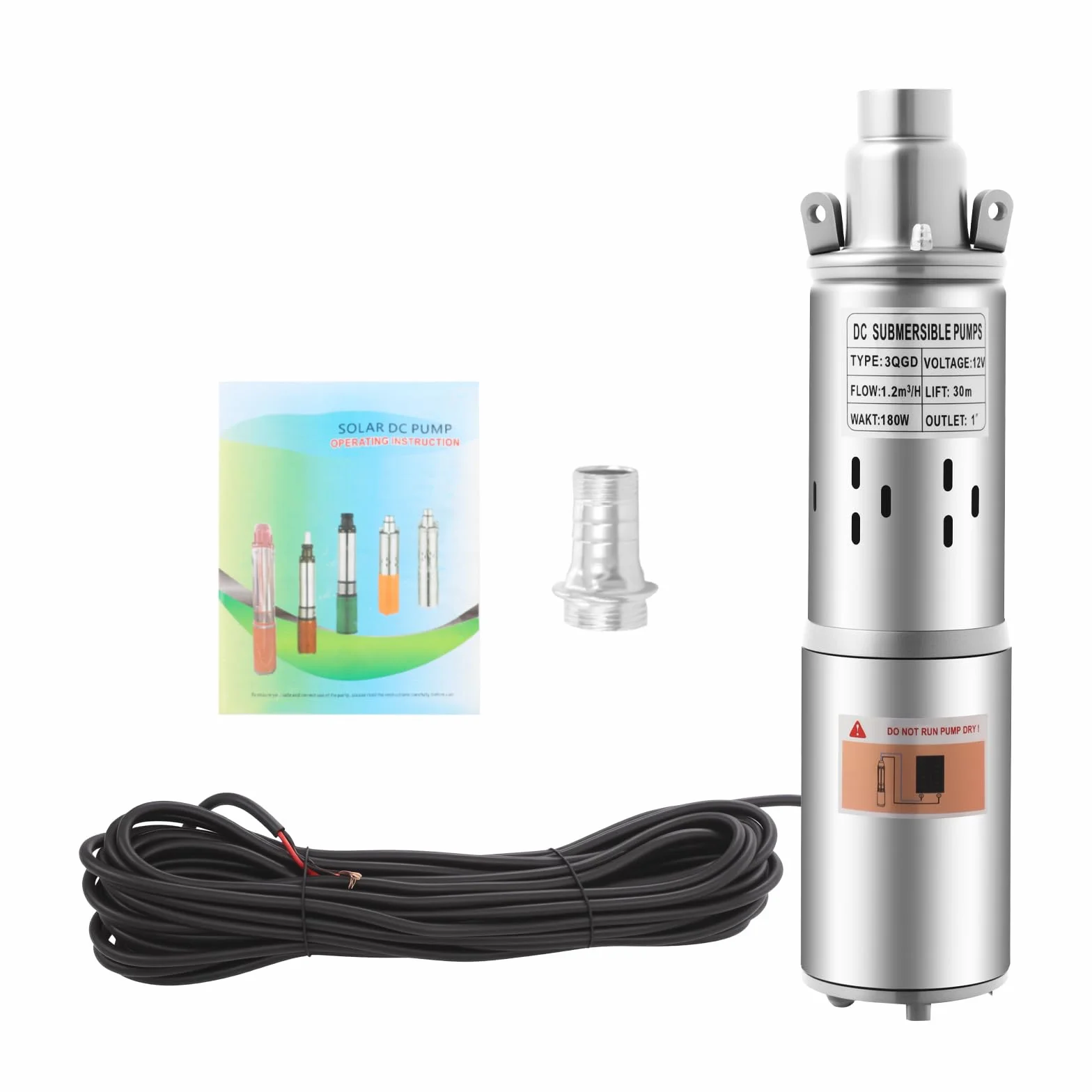 Pompa do studni ze stali nierdzewnej, 1200 l/h, 12 V, głębokość zanurzenia maks. 30 m, IP68 z kablem zasilającym