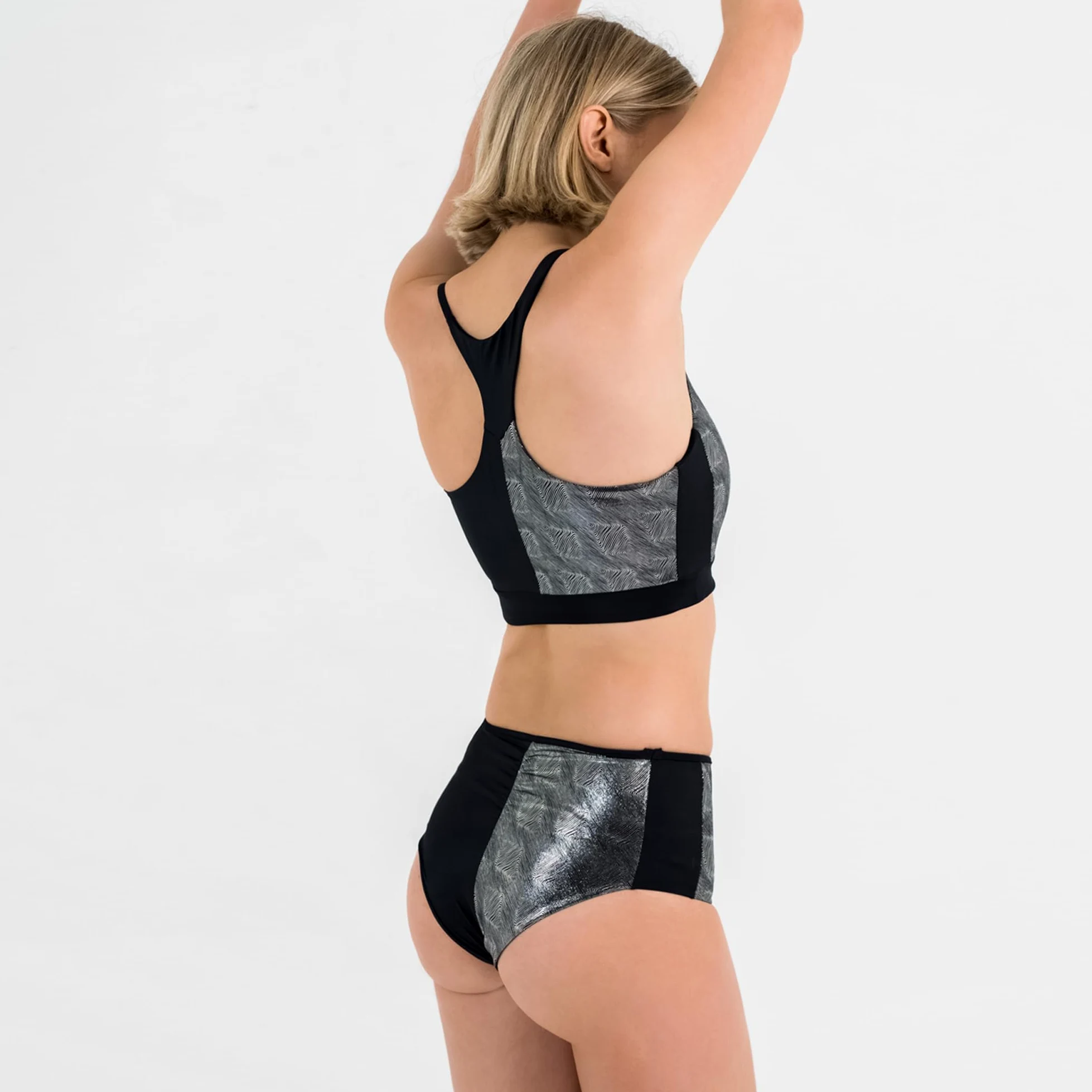 Invertika Kompletny top damski - majtki damskie - bielizna sportowa - Polak Dance z lycry podwójna twarz odwracalna wkładka Made in Italy, Czarny/Srebrny, L
