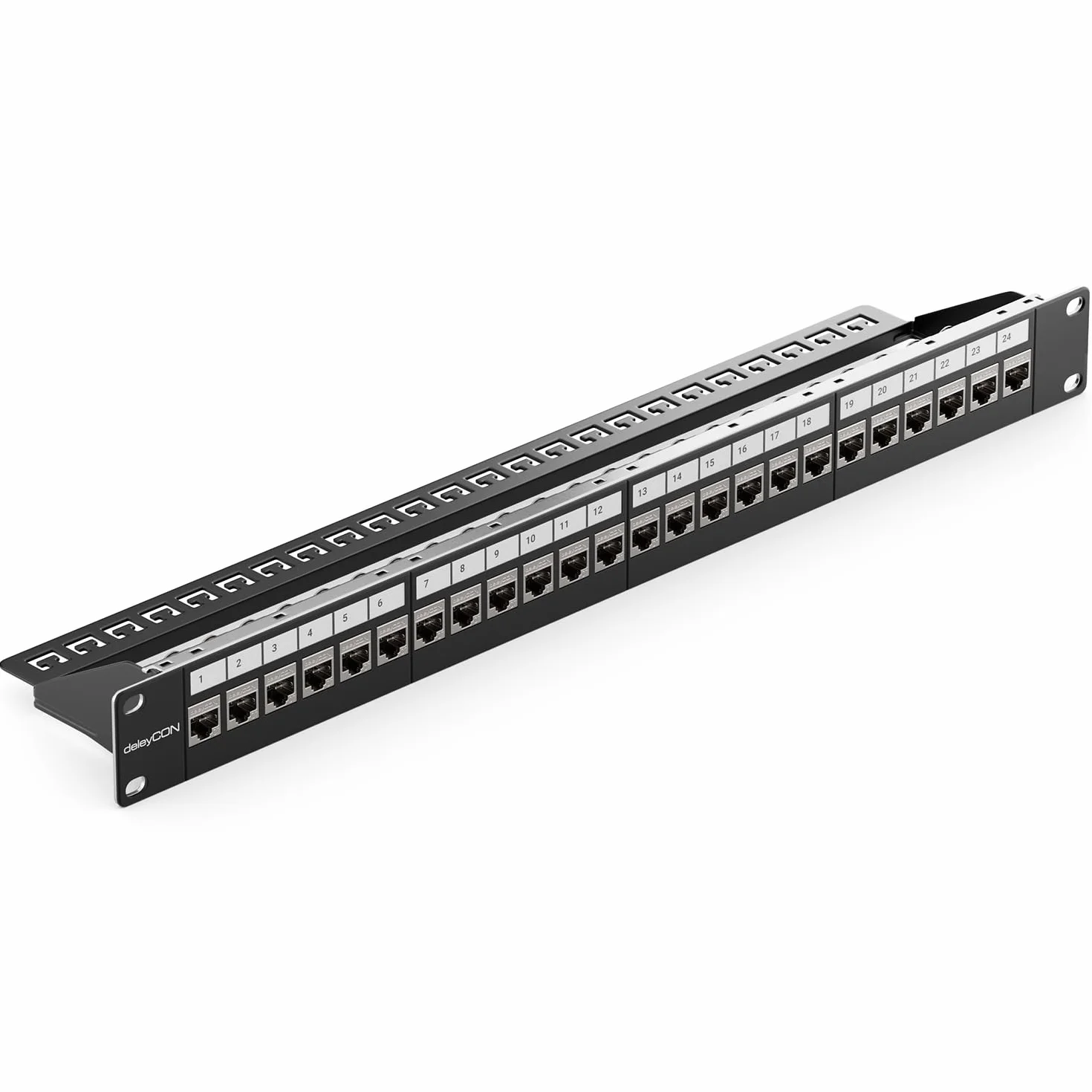 deleyCON 24 Portów Zestaw Paneli Krosowych CAT7 Pole Łatki Pole Dystrybucji Modułowy 1 HE 19" Calowy Montaż w Szafie + 24x CAT 7 Moduły Keystone RJ45 10 Gbit/s 600 MHz Kabel do Układania Czarny