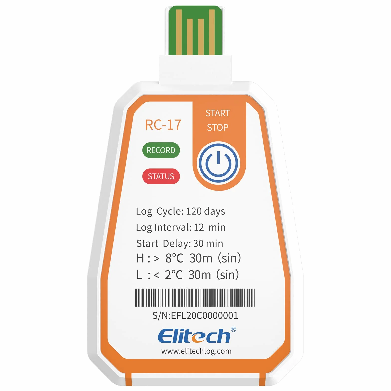 Elitech RC-17 Jednorazowy rejestrator temperatury USB 180 dni ciągłe nagrywanie 16000 rekordów w zakresie żywności leczniczej i łańcuchów chłodzących ze szczepionką, funkcja alarmu, ochrona IP67