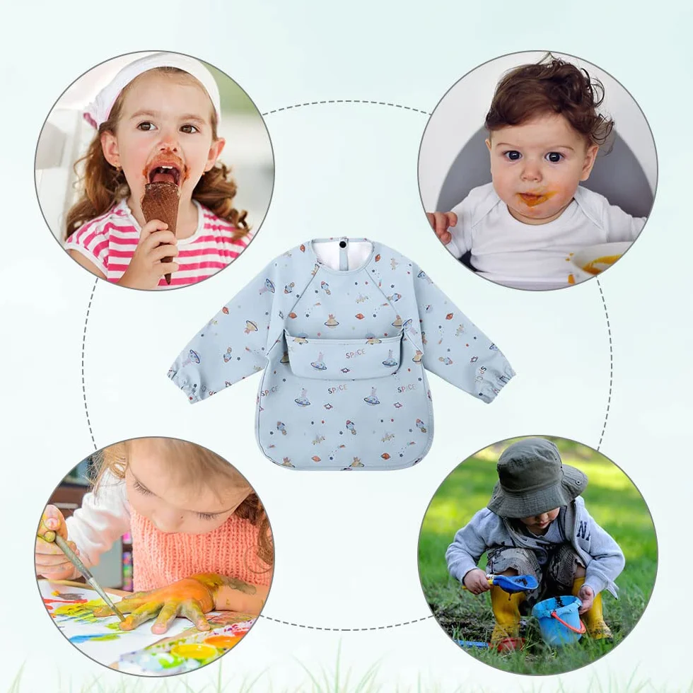 Vicloon Baby śliniaczek z długim rękawem, wodoodporny śliniak bez rękawów z kieszenią, śliniaczek dla dzieci do żywności Art Craft Painting Painting Play od 6 miesięcy do 12 miesięcy