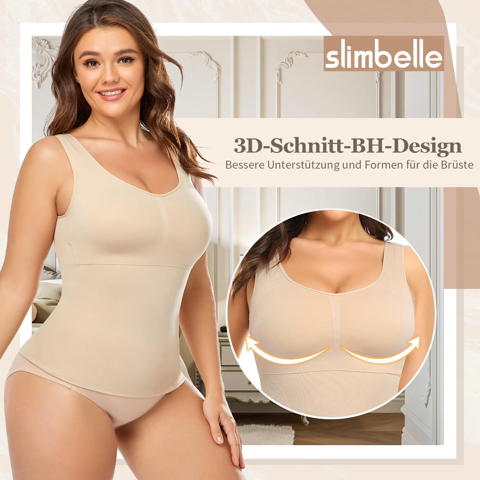 SLIMBELLE Damski podkoszulek biustonosz, koszula, bezszwowy tank top ze zdejmowanymi miseczkami, wyszczuplający brzuch, bez fiszbin, koszulka, modelująca figurę, modelująca sylwetkę, modelująca