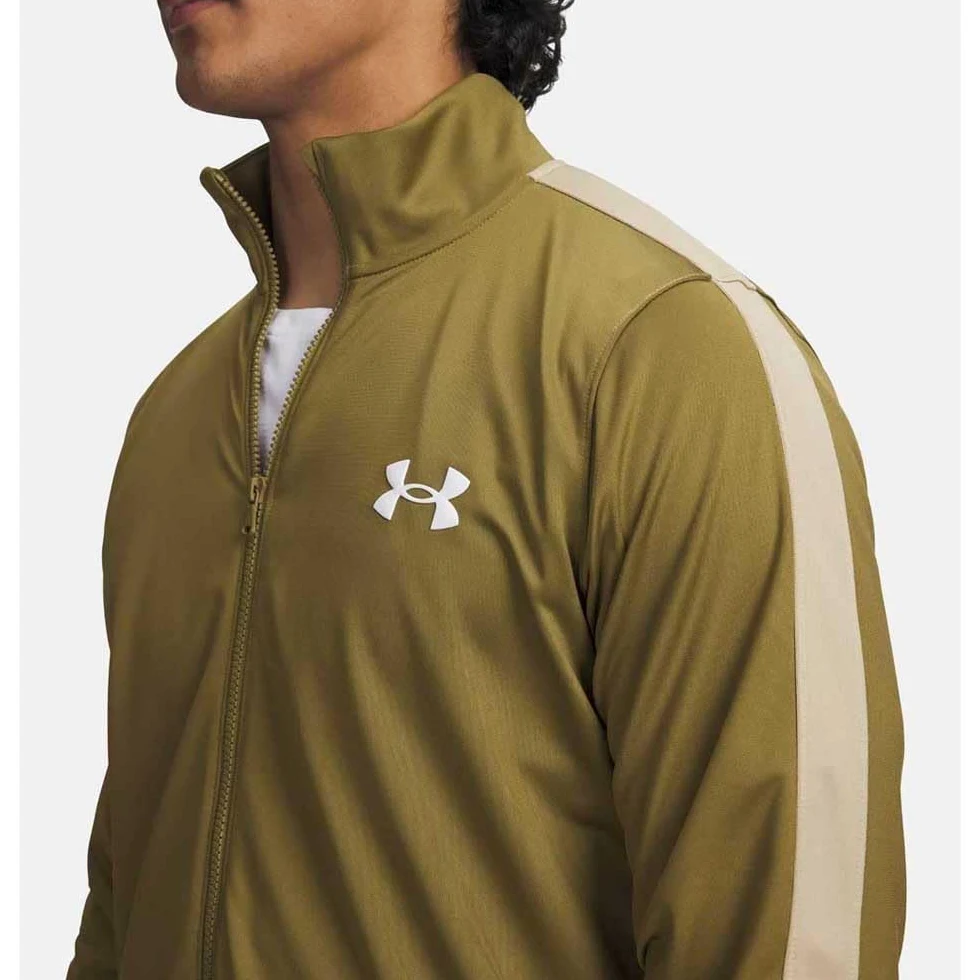 Under Armour Męski dres treningowy z dzianiny, wygodny i szybkoschnący top i spodnie do biegania z kieszeniami, męski dres treningowy i do noszenia na co dzień, zielony/polny khaki, MD