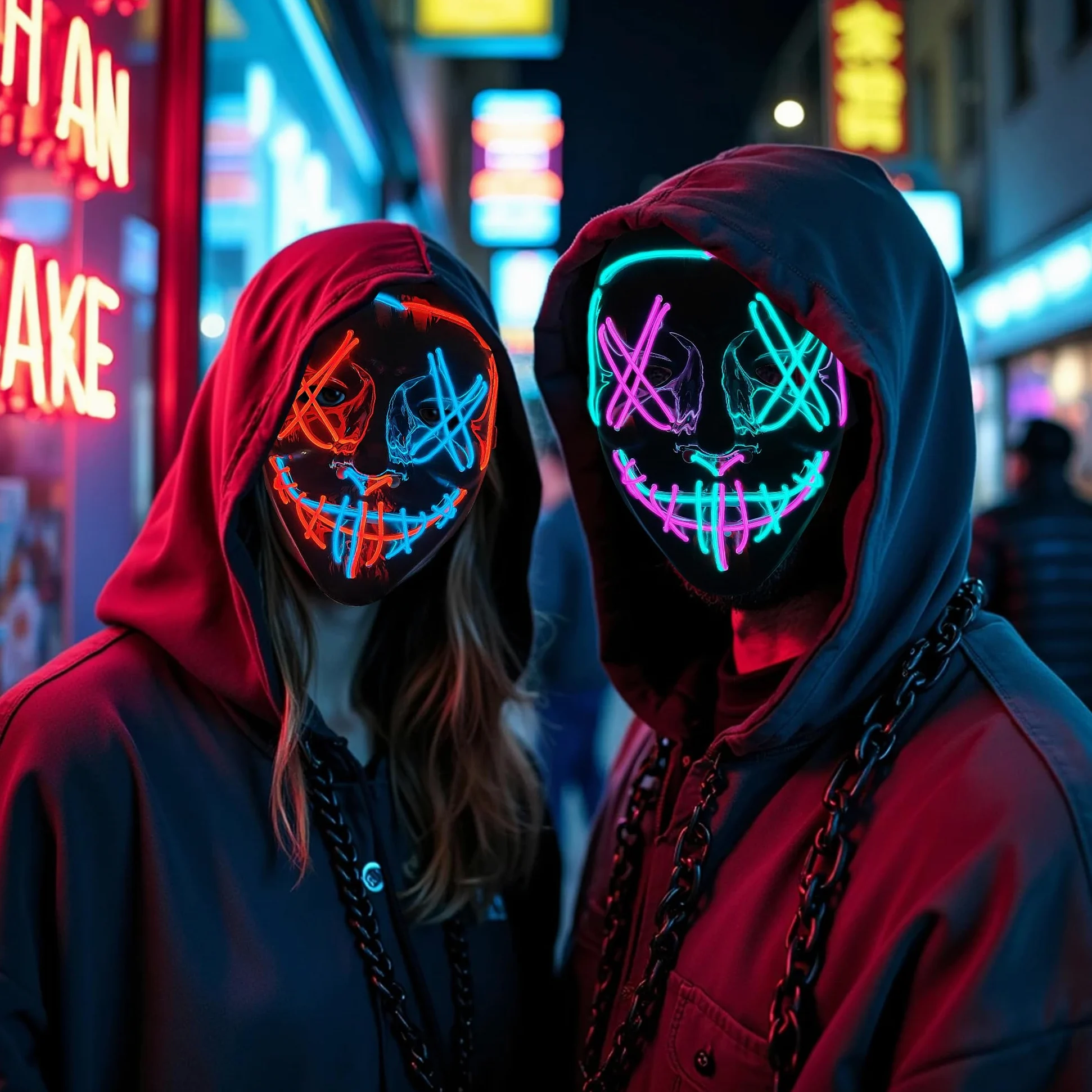 2 sztuki masek na Halloween, świecące maski oczyszczające LED, kostium cosplay dla mężczyzn i kobiet, straszna twarz, na imprezę, karnawał, prezent, 2 szt