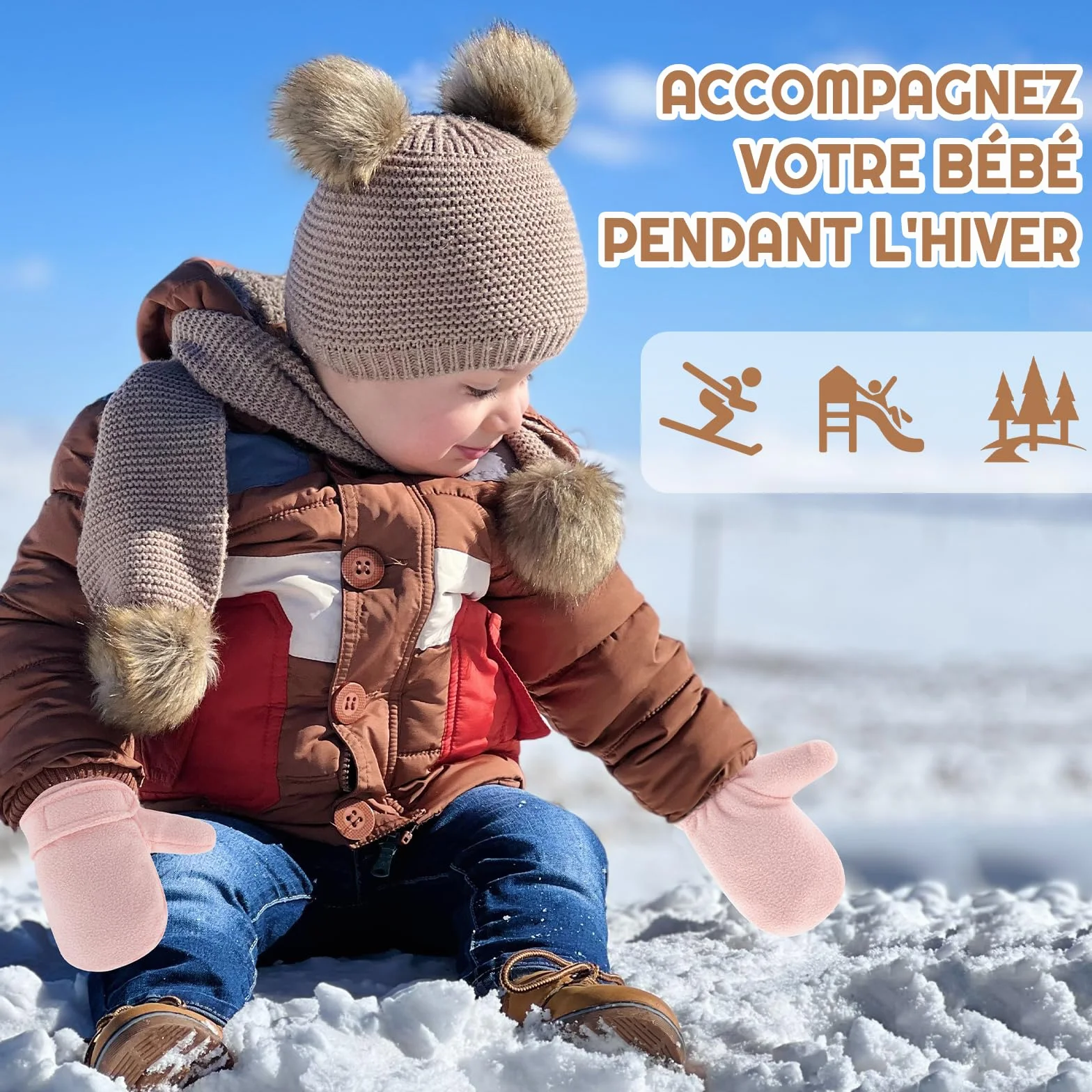 Rękawice zimowe dla niemowląt, podszewka z polaru dla małych dzieci, chłopców, ciepłe i miękkie, dla niemowląt, dziewczynek, regulowane rękawiczki do użytku na zewnątrz (różowe i szare, rozmiar M)