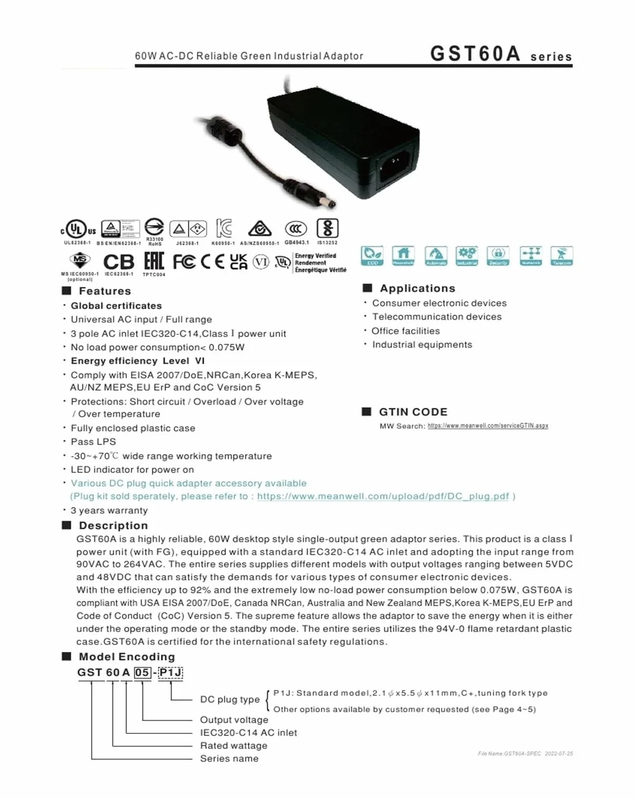 GST60A12-P1J AC-DC 60W GST60A 12V 5A Adapter przemysłowy