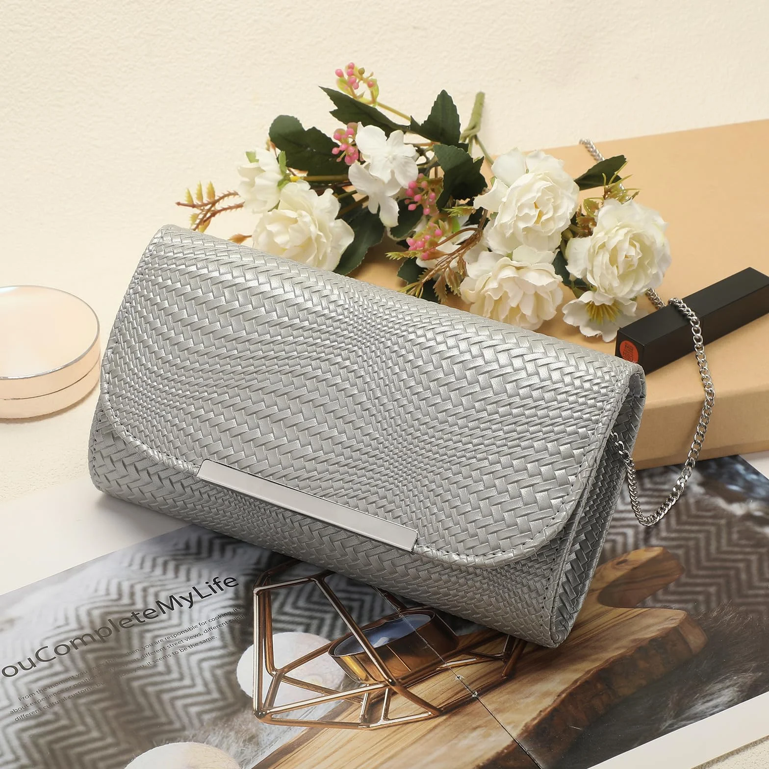 BAIGIO Clutch damska torebka wieczorowa ze skóry PU, elegancka torebka dla panny młodej, torebka na łańcuszek, na wesele, mała torba na ramię