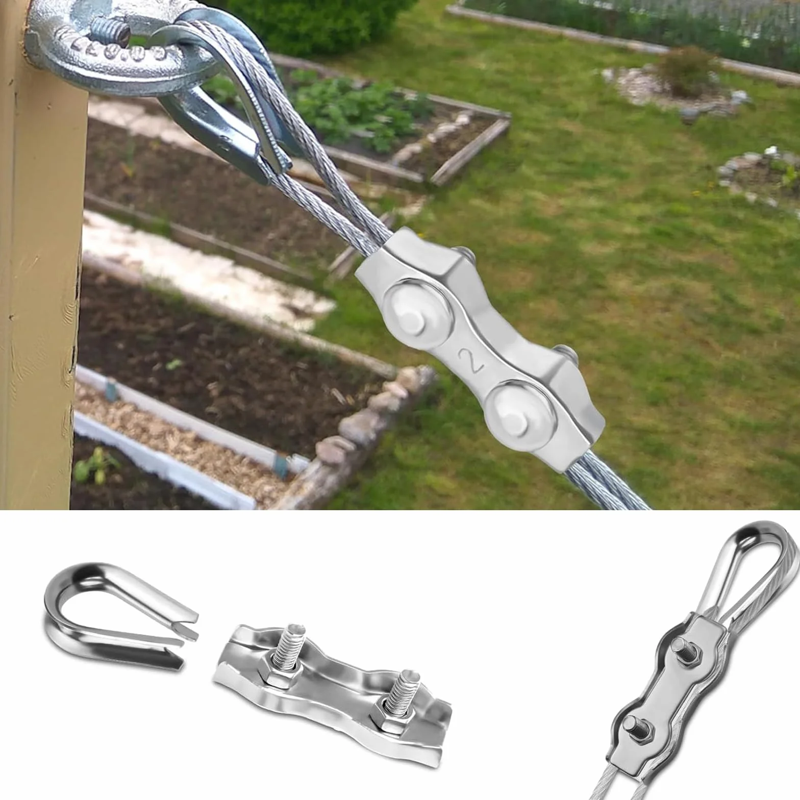 24 sztuki zacisków linowych M2, stal nierdzewna 304, zacisk linowy z 12 zaciskami linowymi 2 mm i 12 kauszykami linowymi 2 mm, zacisk duplex, łącznik, linka druciana, klipsy do napinaczy do bielizny