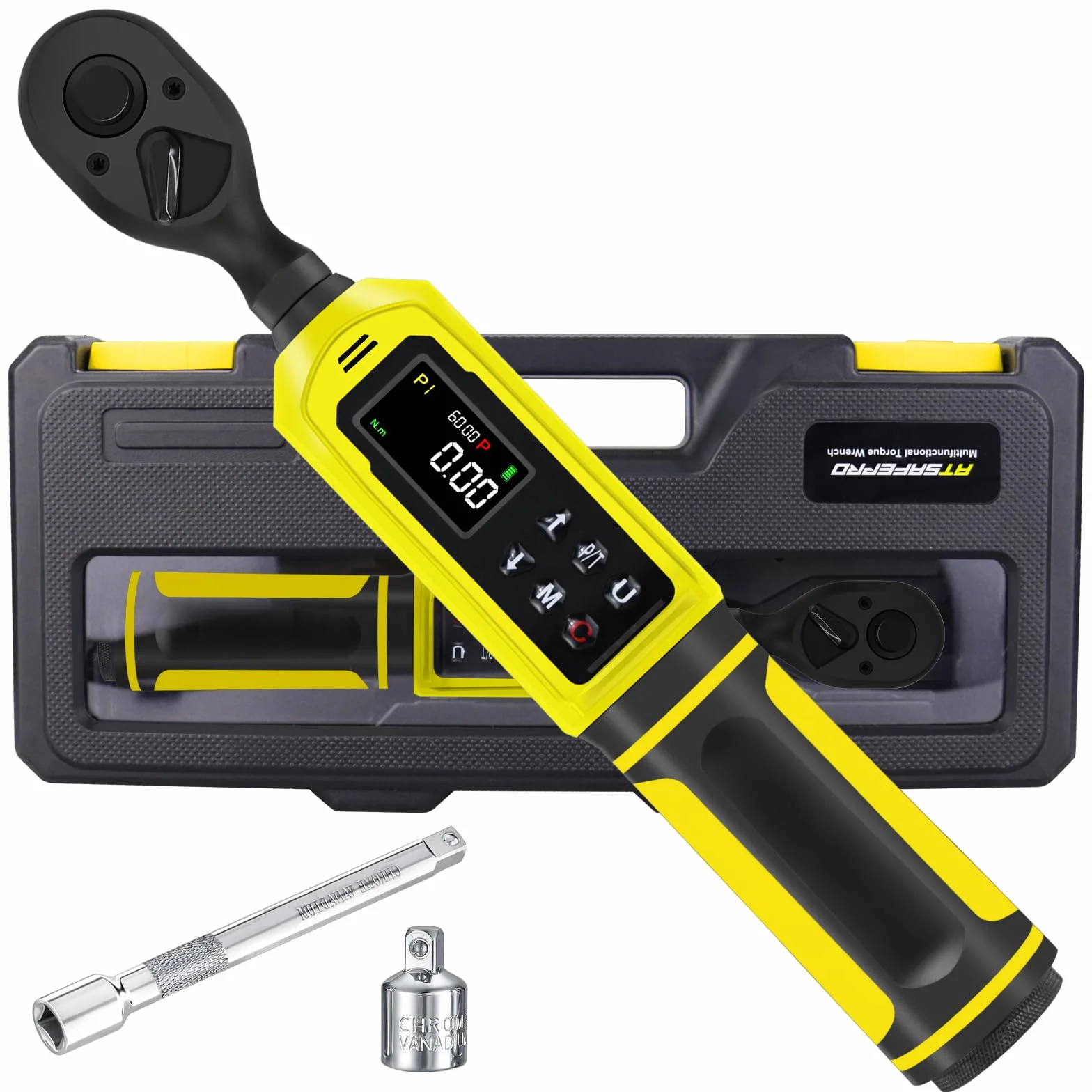 ATsafepro 3/8" Drive Cyfrowy klucz toru, Klucz toru 0,9-60 Nm, Dokładność ±2%, 5 jednostek (in-lb/ft-lb/Nm/kg-cm/kg.m), LCD z sygnalizacją dźwiękową i LED dla roweru, motocykla i samochodu